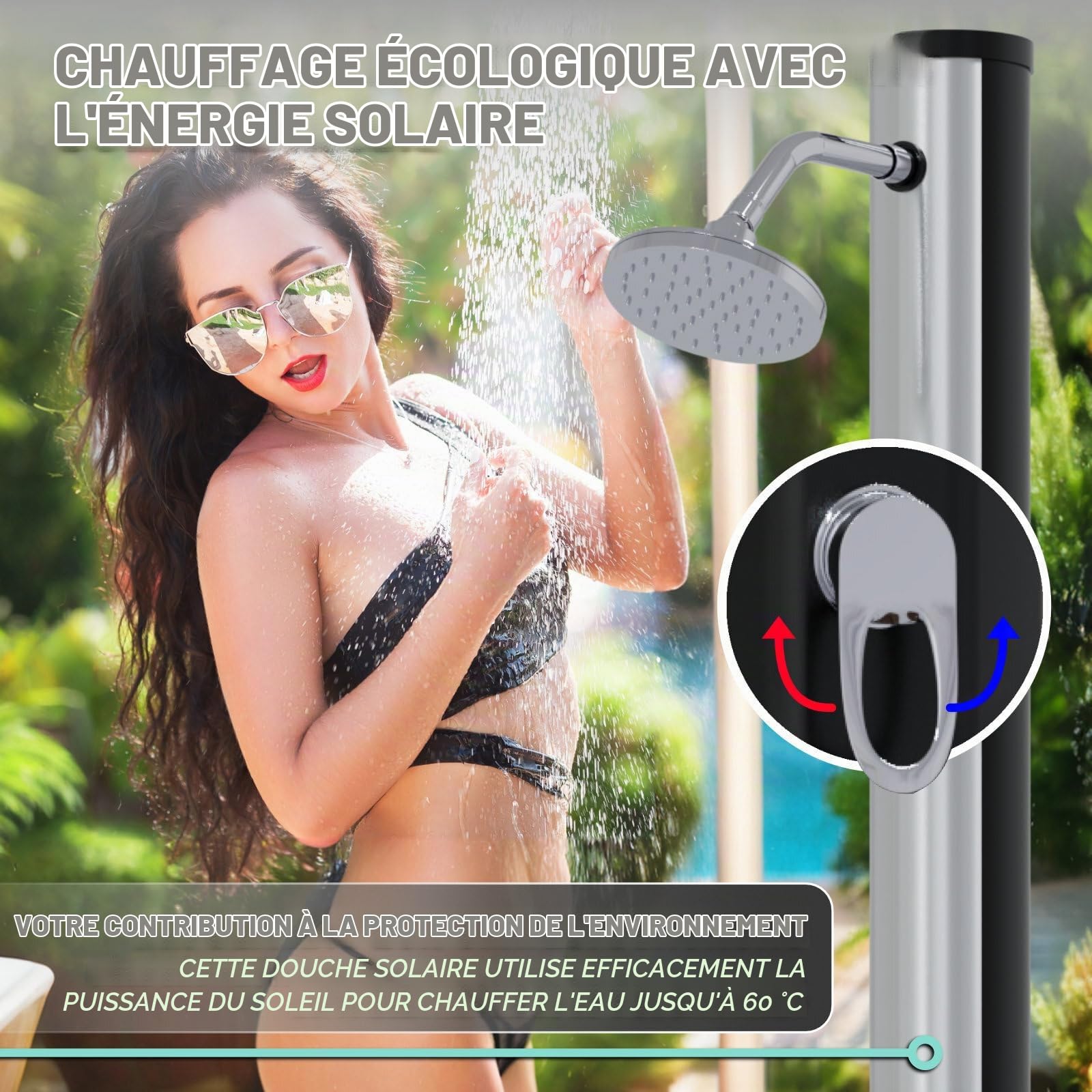 HAGO Douche solaire ronde 20 l - Noir/argenté - Douche de piscine - Douche de camping - Douche de jardin - Douche pieds d'extérieur - Universel - Sans courant