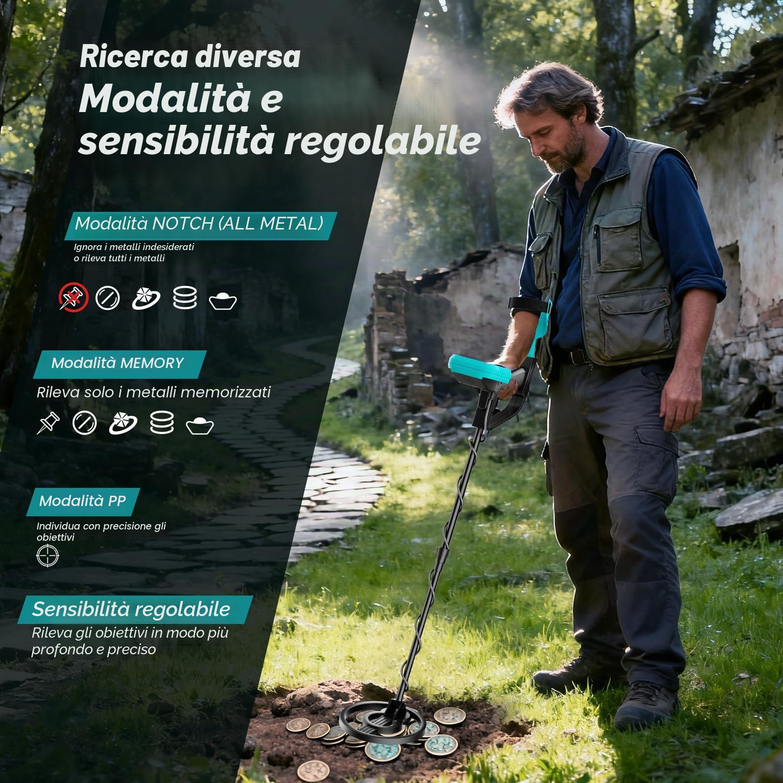 Metal Detector Professionale con Display LCD, Lunghezza Regolabile 106-121 cm, metaldetector professionale con funzione Pinpoint, Bobina Impermeabile IP68 per la caccia al tesoro in spiaggia