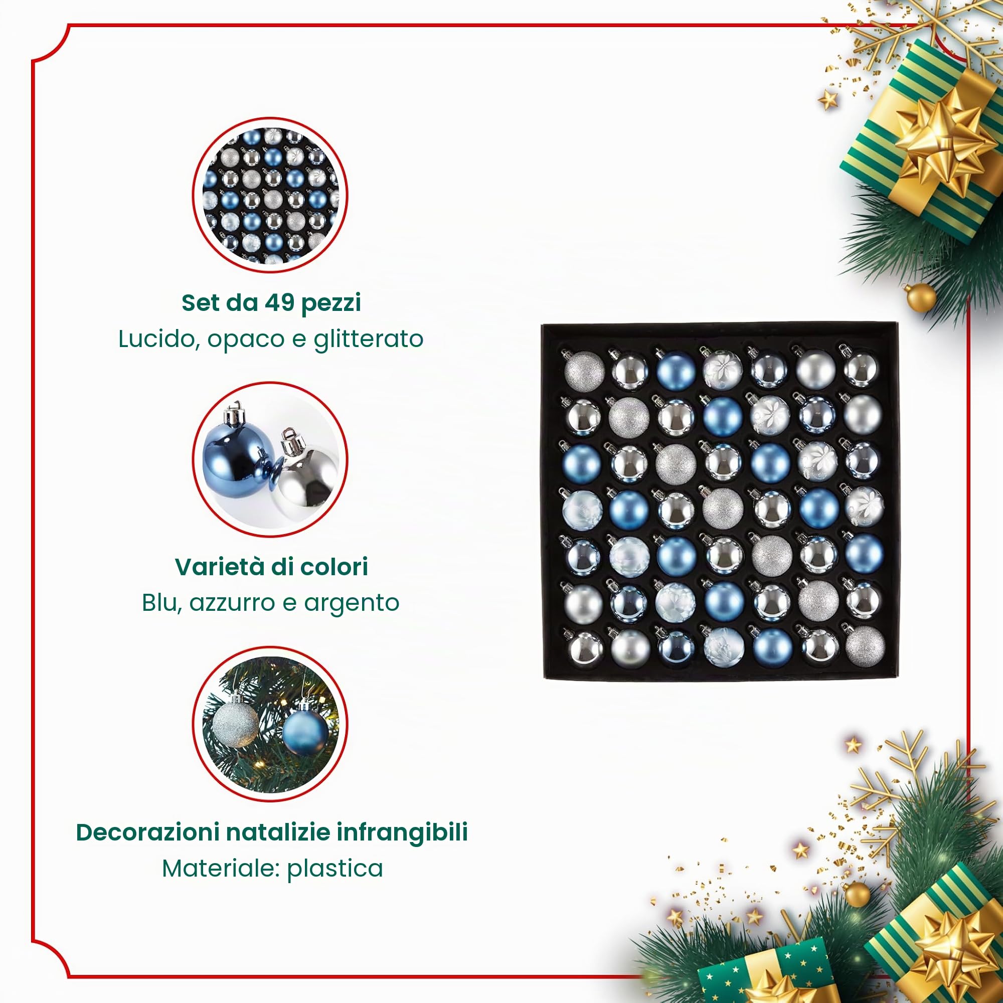 HEITMANN DECO Christmas - Set di 49 palline per albero di Natale, decorazione natalizia azzurro, blu, argento da appendere - Assortimento di palline di plastica