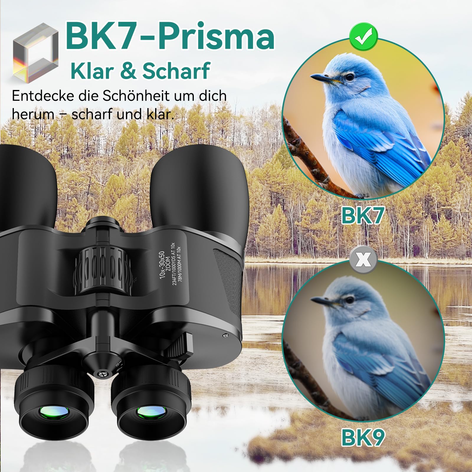 MLight 10-30x50 Zoom-Fernglas für Erwachsene, leistungsstarkes Fernglas für Vogelbeobachtung, Jagd, Outdoor, Wandern, Konzerte, großes Sichtfeld, BK7-Prisma, FMC, Nachtsicht bei schwachem Licht