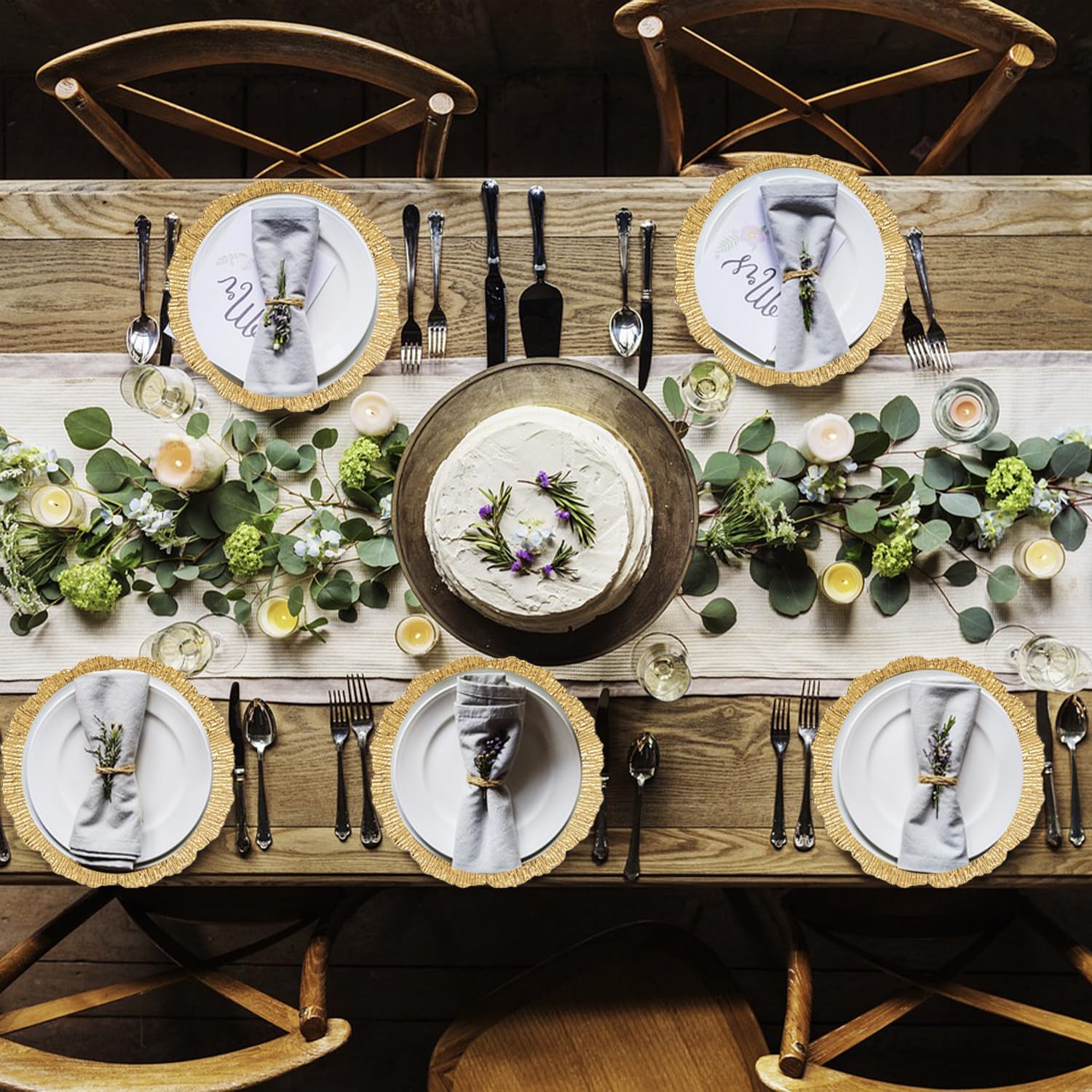 Charger Plate with Napkin Ring 13 in Round Matte Reef Plate Charger Ruffled Rim Dinner Charger Hollow out Flower Napkin Holde (12)