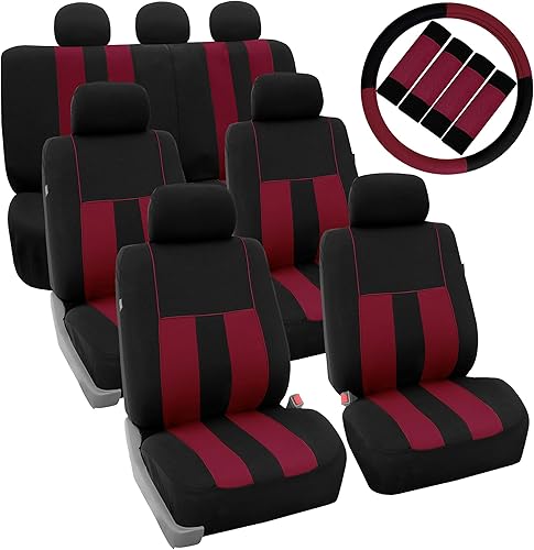 Miniatura 10 de FH Group Juego de fundas de asiento de coche de tres filas llamativas a rayas para volante y almohadillas para cinturón de seguridad, color morado,