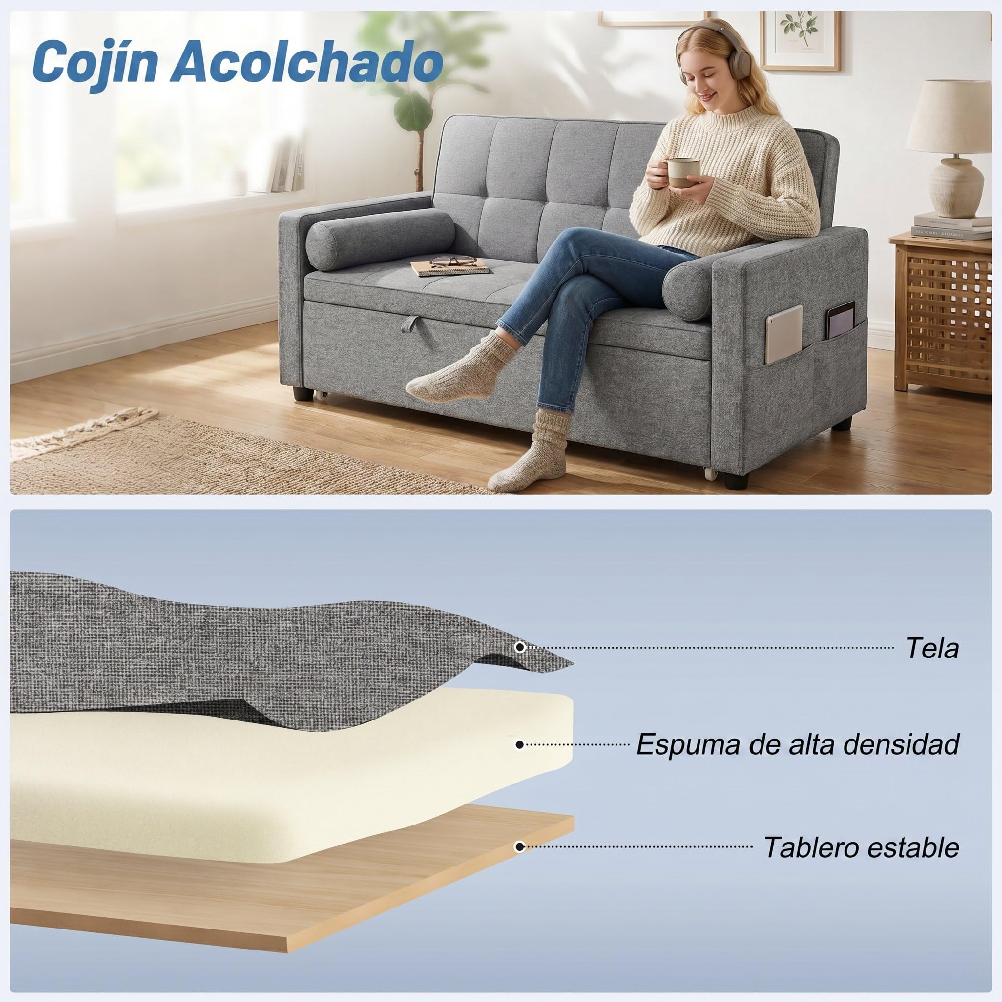 HOMCOM Sofá Cama 2 Plazas 3 en 1 con Respaldo Ajustable 6 Niveles Gris | Sofá Cama Deslizante, Tejido Lino, Bolsillos Laterales, 2 Cojines Fundas Extraíbles, para Sala de Estar, Espacios Pequeños