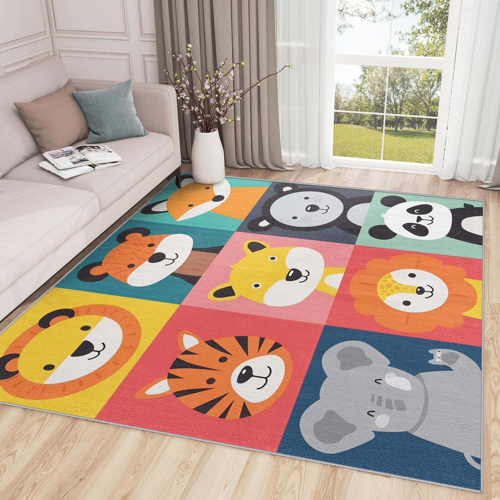 SherAvant Safari Rugs for Kids Room - 5x7 Rug - Safari Rug - Cute Cartoon Animal Playroom Area Rug - Kids Nursery Baby Rugs - Zoo Animal Checkerboard