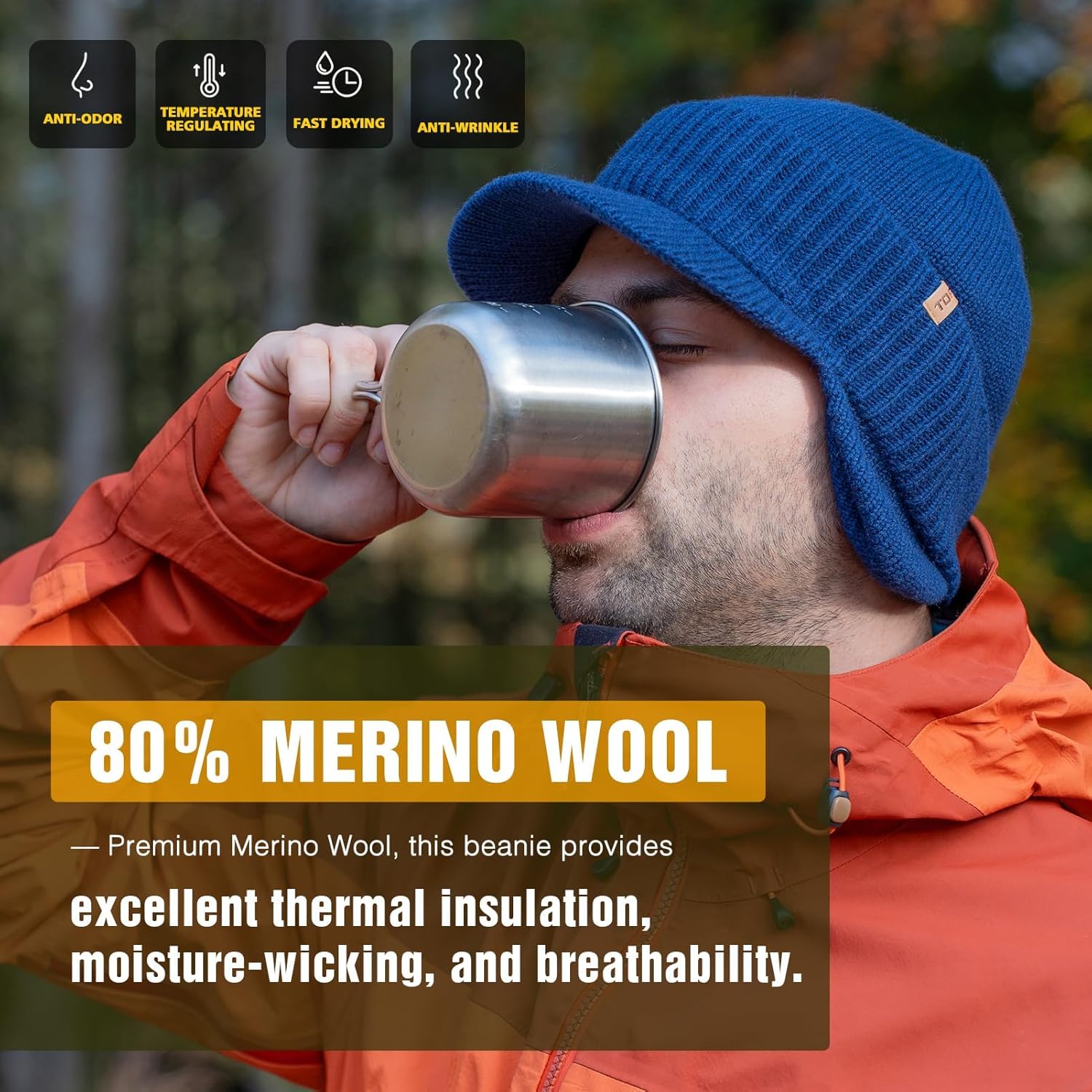 TOP-EX DryKnit™ XL/XXL 80% Merino Wool Waterproof Brim Beanie with Ear Flaps Fleece Lined Hat for Cold Weather - Image 4