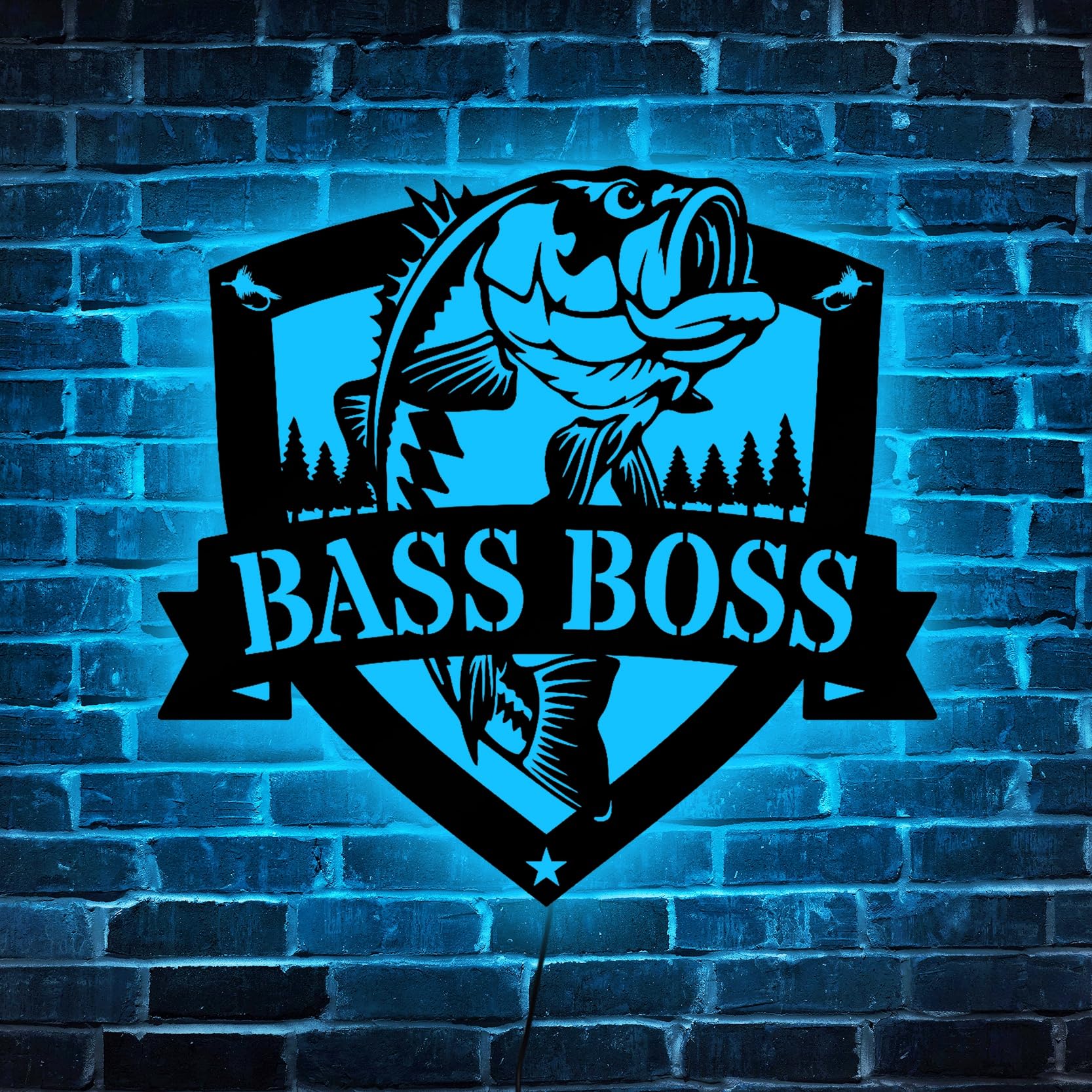 Arte de pared de metal de lubina grande personalizado con luz LED | Decoración personalizada de róbalo para habitación | Decoración de pared de metal de pesca | Decoración de casa del lago