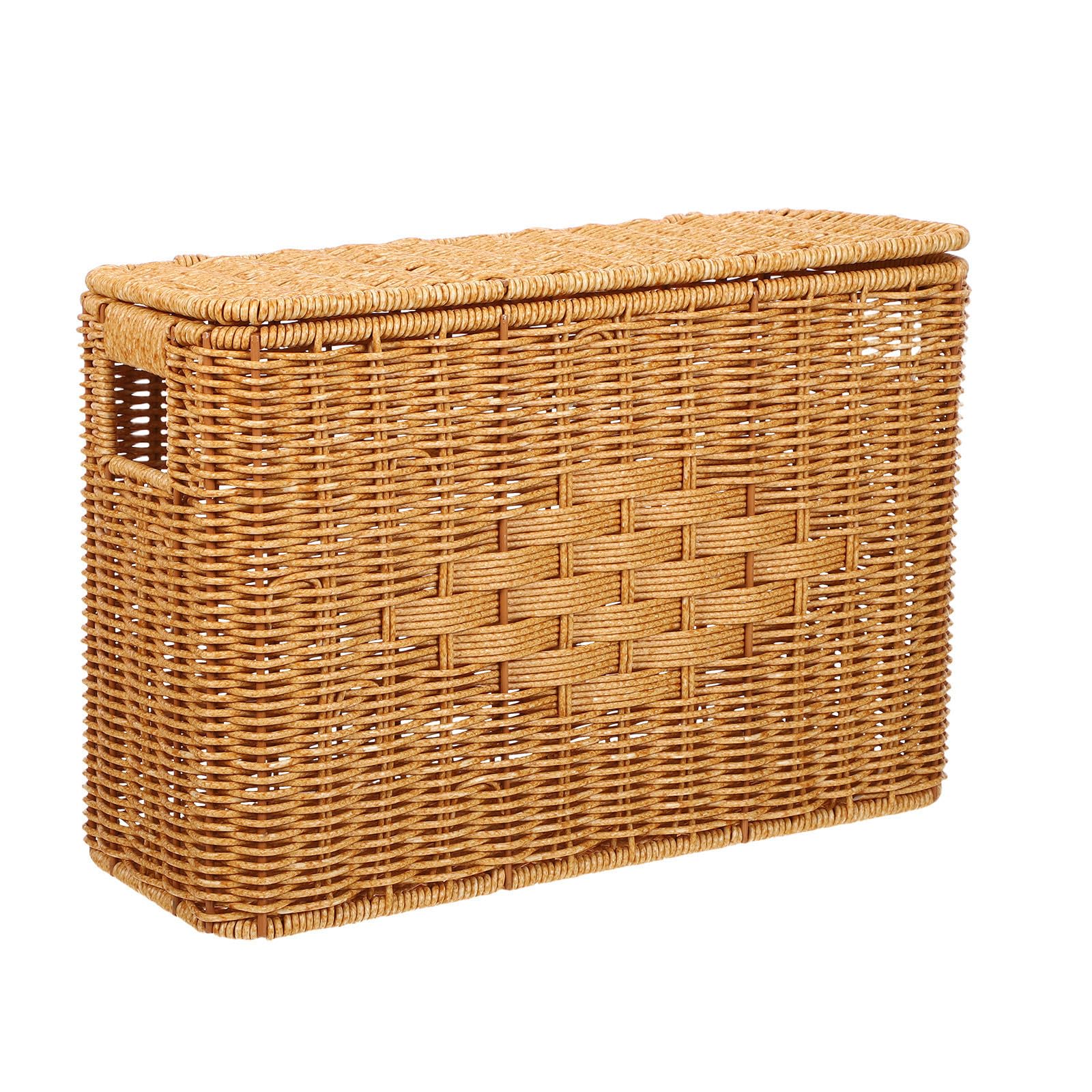 Kleiner, hoher Korb aus geflochtenem Material mit Deckel, rustikaler Aufbewahrungskorb für Küche und Bad, Rechteckig, tragbarer Organizer aus Imitationsrattan, 37,8 x 26,4 x 14,9