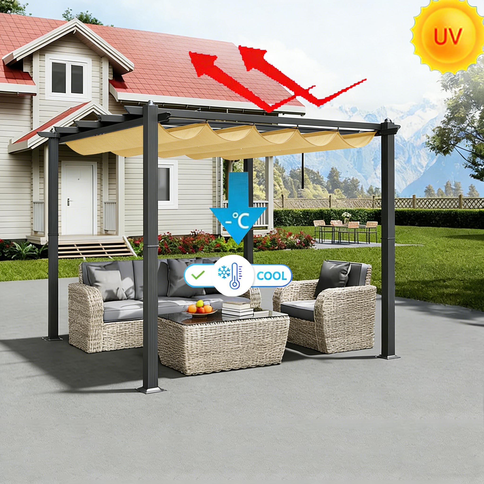 Einziehbar Welle Sonnensegel 2.5x4M Verstellbar Wellenmarkise Sonnenschutz Wasserdicht Schattenabdeckung Outdoor Balkon Pergola UV-Beständig Segeltuch Markise für Terrasse Garten Sand