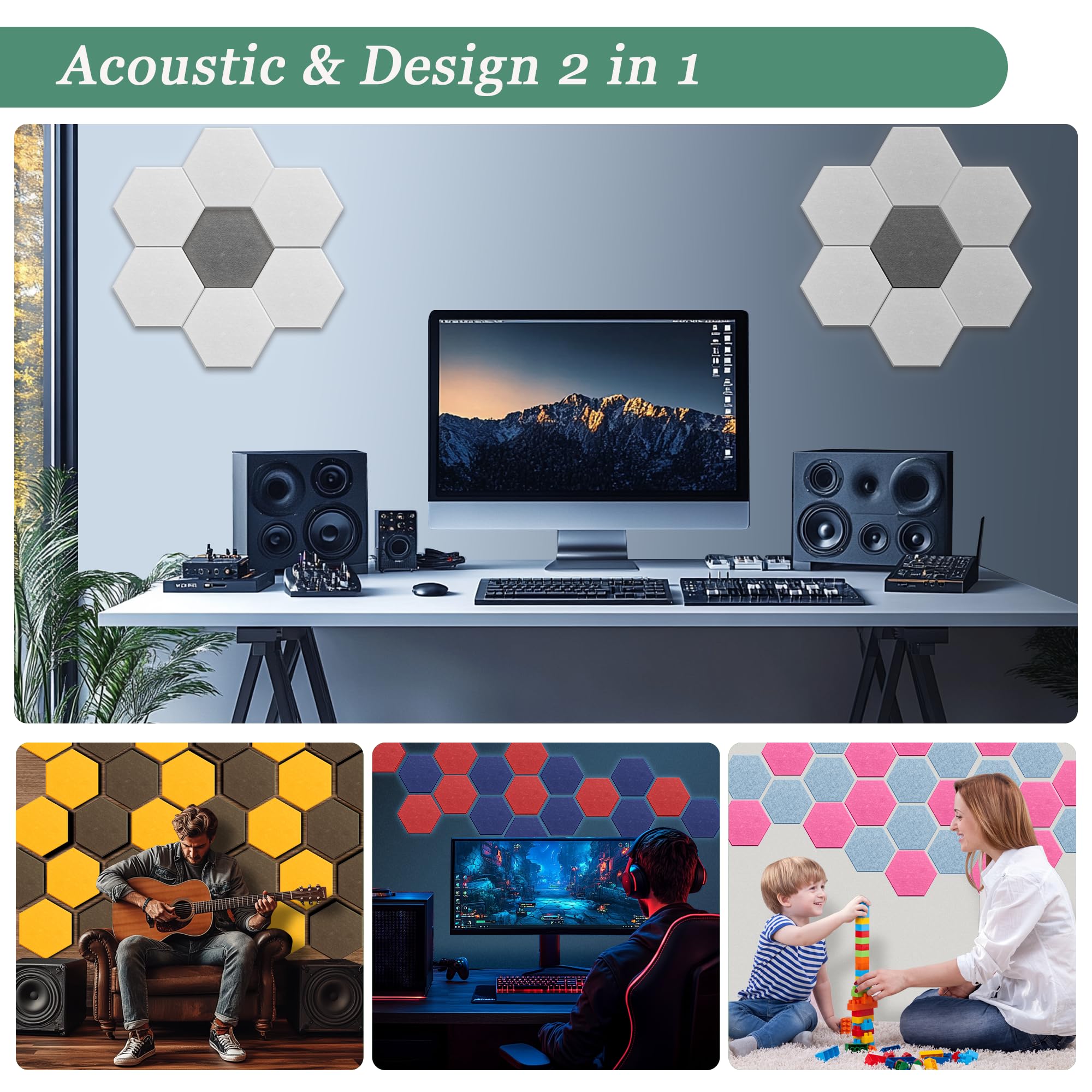 Pannelli acustici esagonali, confezione da 12 pannelli fonoassorbenti ad alta densità, 30,5 x 25,4 x 0,10 cm, per una migliore riduzione del rumore, design fai da te, idea per studi, uffici e home