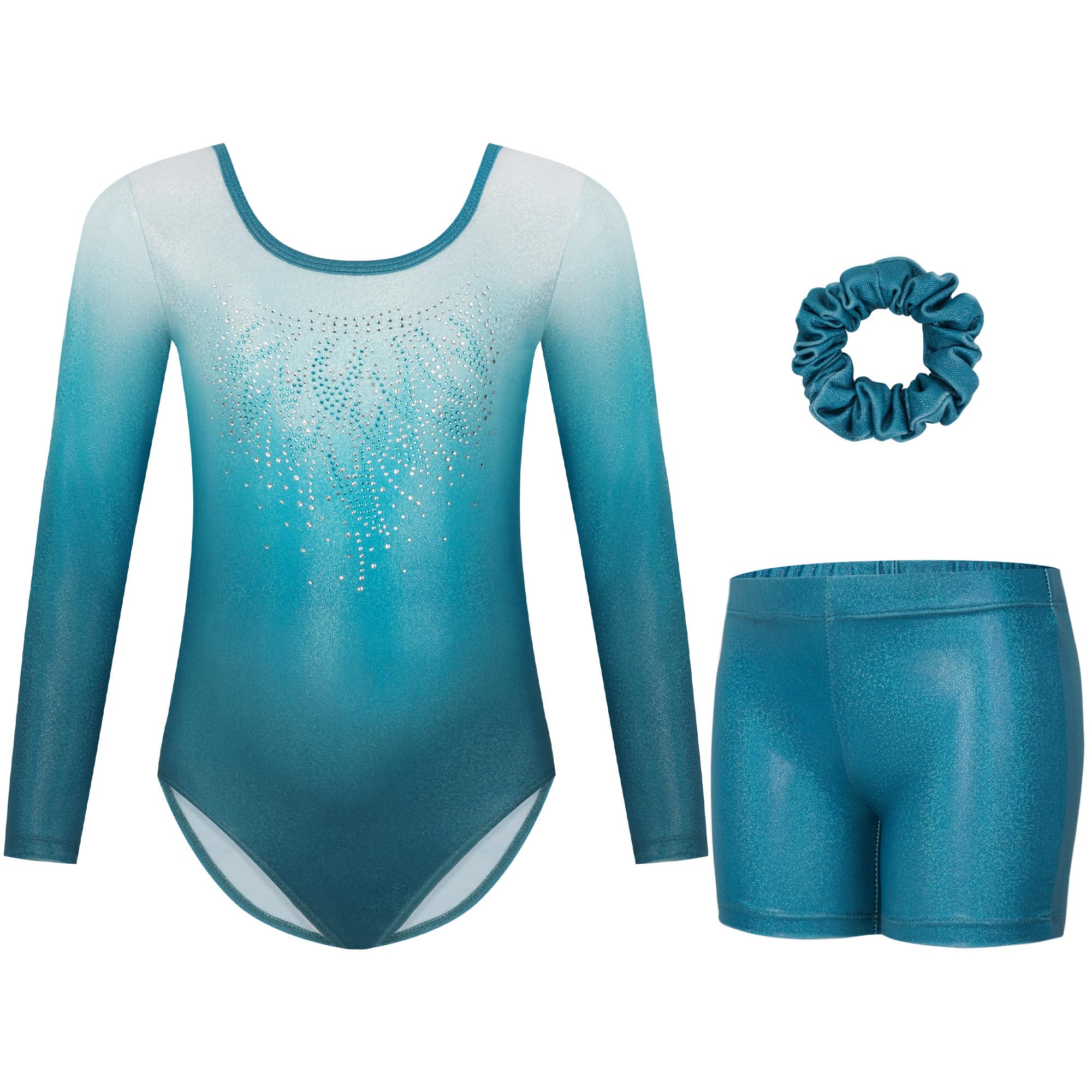 Gogokids Mädchen Dreiteilige Gymnastikanzüge, Langärmliges Gymnastik Set mit Shorts und Haarband, Glitzernde Balletteinheitstrikots - Gymnastik Outfit mit Farbverlaufdesign für 3-12 Jahre
