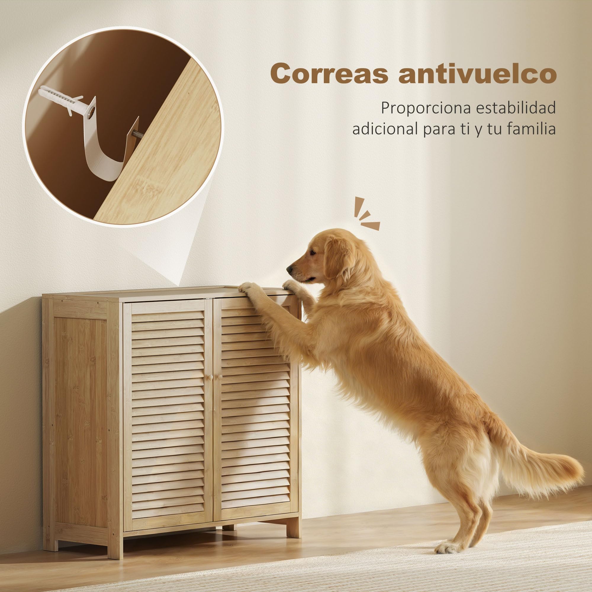 HOMCOM Mueble Zapatero de Bambú, Armario para Zapatos con Puertas de Persiana, Estantes Ajustables, para 14 Pares de Zapatos, Zapatero para Pasillo Recibidor, 80x35x80 cm, Natural