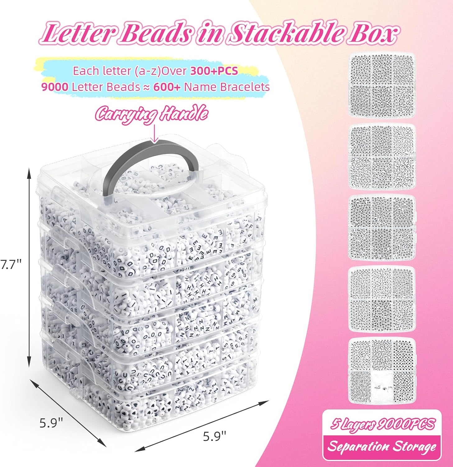Simetufy 9000PCS Letter Beads A-Z Alphabet, 4x7mm Round Letter Bead Kits, Black Alphabet Beads & Smile Number Beads for Bracelets DIY Necklaces Jewelry Making, Black (Stack Box)