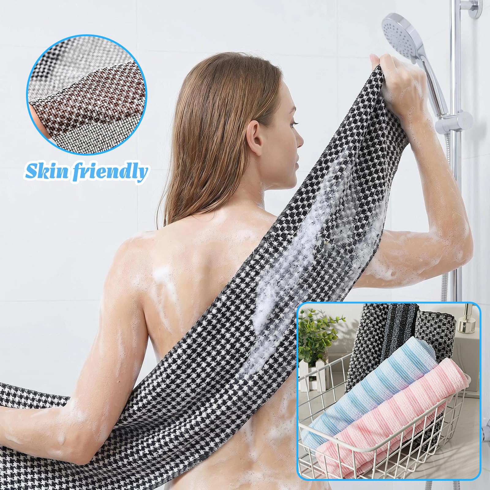 5 Pièces Serviette Exfoliante Douche,Serviette Exfoliant pour le Dos 25 × 100 cm,Serviette de Douche Exfoliante Japonaise,Débarbouillettes pour Homme Femme,Lave Dos Long pour Corps,Dos,Bras et Jambes