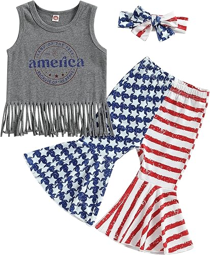 Twopumpkin Traje para bebé del 4 de julio, camisas del 4 de julio y pantalones de campana de bandera estadounidense, ropa patriótica