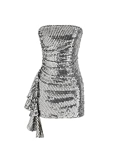 CIDER Sequin Dress Strapless Ruffle Hem Mini Dress Party Bodycon Solid Middle Waist Cocktail Dresses