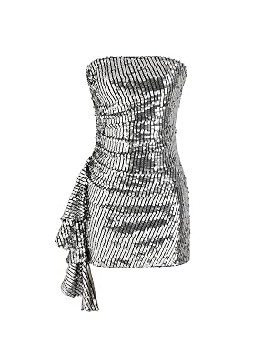 CIDER Sequin Dress Strapless Ruffle Hem Mini Dress Party Bodycon Solid Middle Waist Cocktail Dresses