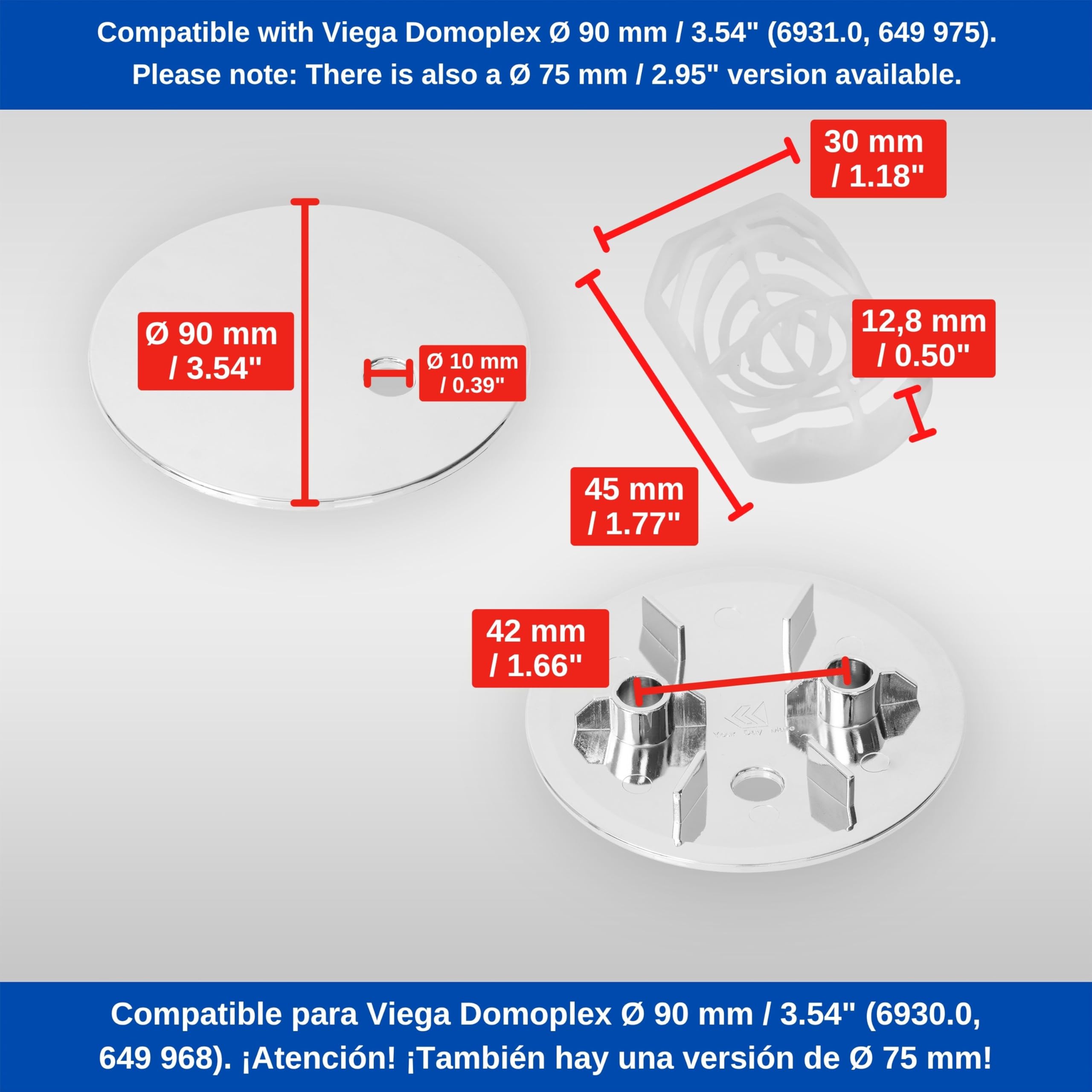 Set di copertura con filtro per capelli per scarico doccia, Ø 90 mm, compatibile con piletta Viega Domoplex, copertura in ABS ASA cromato, inserto filtro per capelli doccia, tappo di scarico doccia