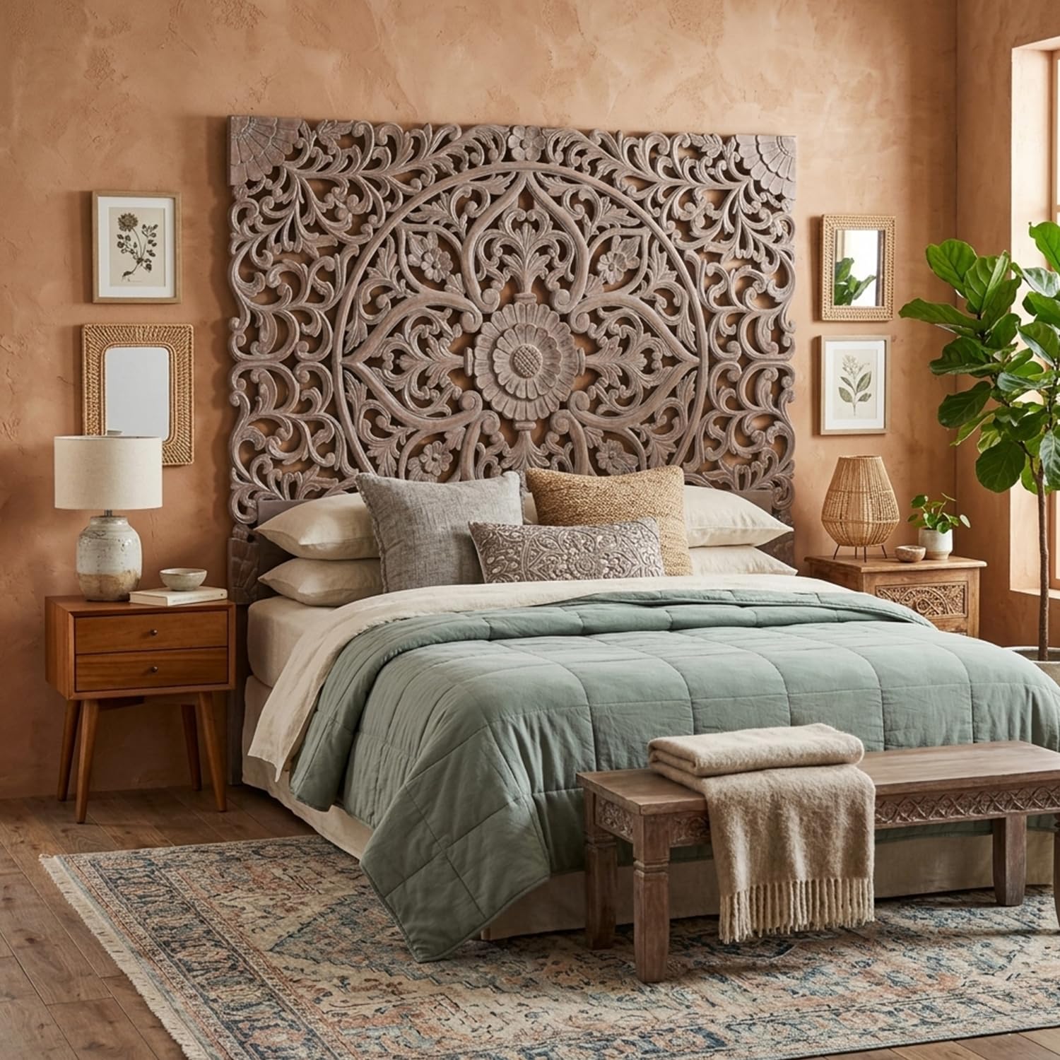 Menzzo Tête de Lit Sculptée Design Chic 180 cm en Bois Sculpté Marron – Décoration Murale Élégante pour Lit King Size