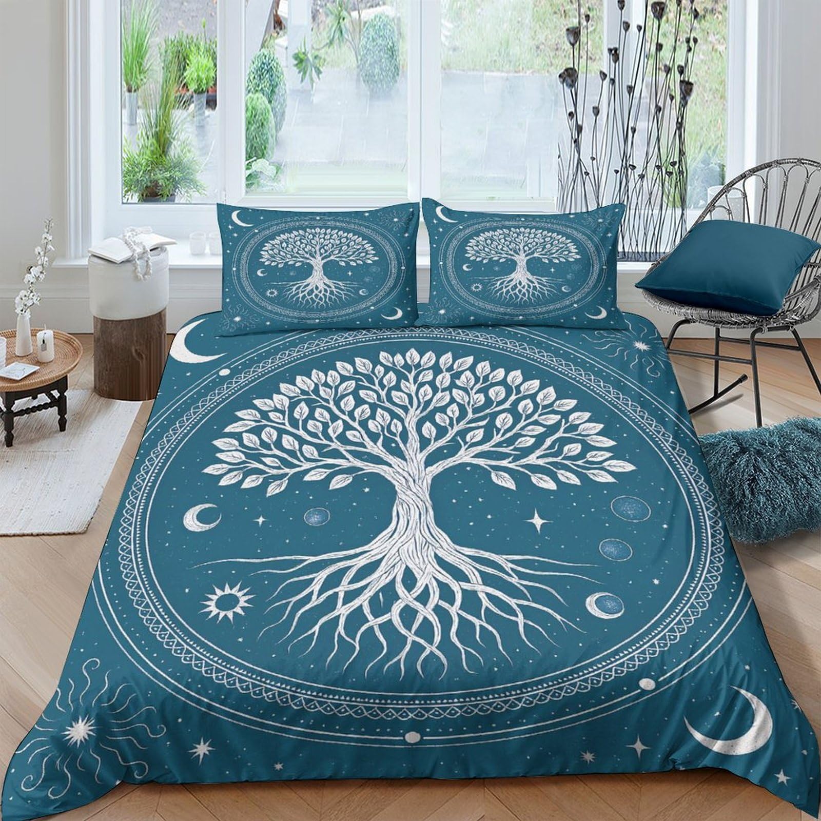 Ctjqhvkz Style-4 3D Printed Tree Of Life Fitted Sheet Microfiber Breathable Moon Star Bed Cover For Bedroom Guest Room Decor, Machine Washable Single（135X200cm）