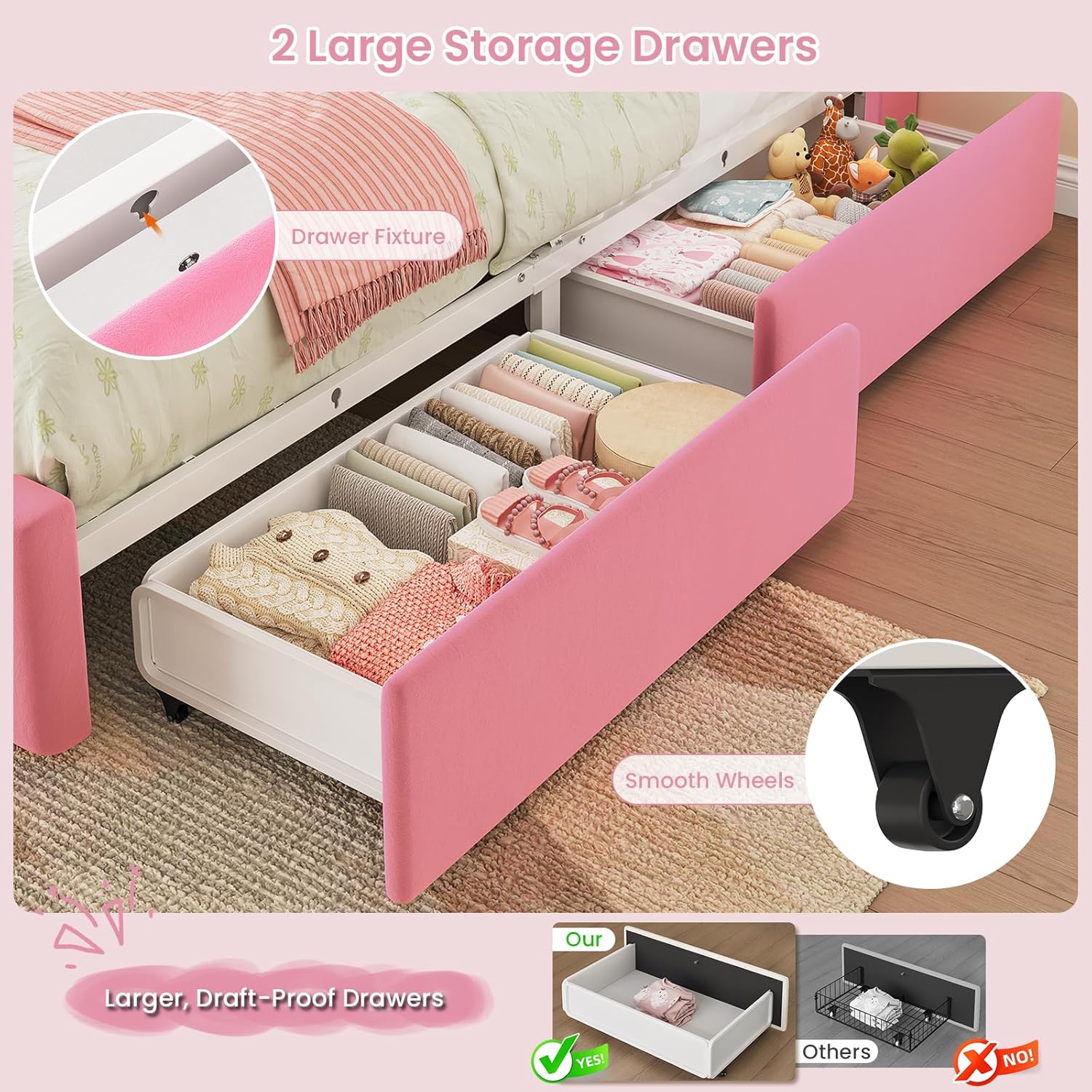 DICTAC Twin Size Bed Frame for Girls with Storage Drawers, Bookcase Headboard, LED Lights and Power Outlets, Diamond Tufted Velvet Upholstered Princess Platform Bed, Heavy-Duty Metal Support, Pink