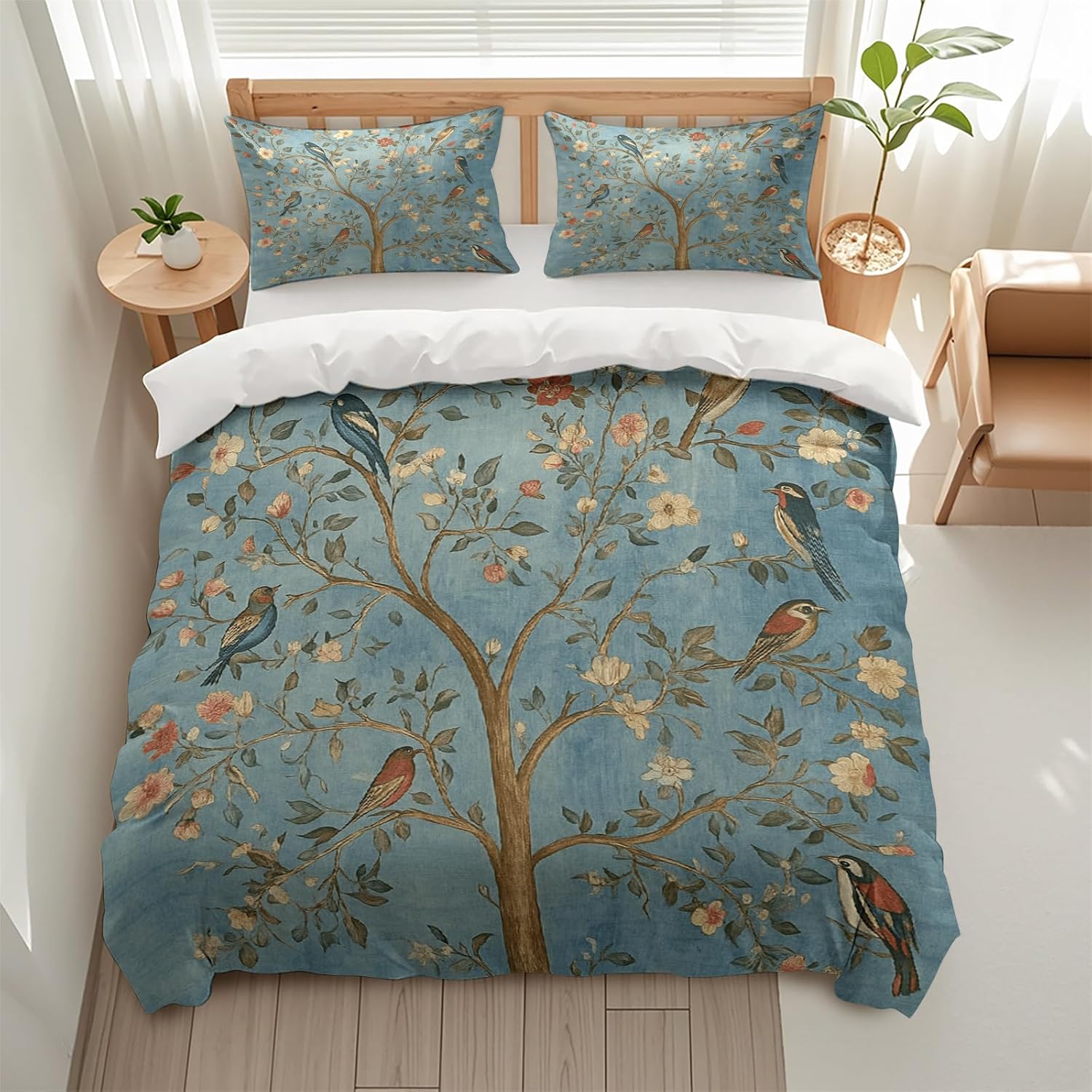 Floral Botanical Boho Flower Designed Duvet Cover Set, 3 Piece Soft Bedding Set (1 Duvet Cover and 2 Pillowcases), Floral Comforter Cover Set (Vintage Tree Bird, Full (80" x 90"))