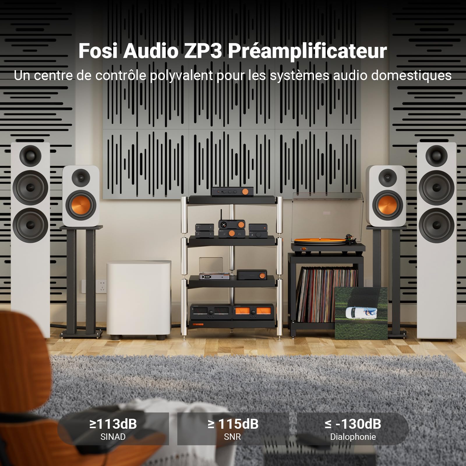 Fosi Audio ZP3 Préampli Symétrique, 2 Entrées RCA et 1 XLR, Sorties RCA/XLR et Sub-Out, Préampli pour Configuration Stéréo 2 Canaux et 2.1, Préamplificateur avec Filtre Passe-Haut HPF