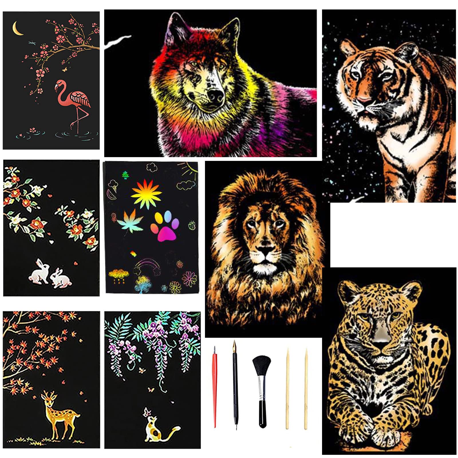 Animal Scratch Art, 10pcs Foil Handmade Scratch Painting Art and Crafts Gifts Colour Scratch Paper Engraving Art with 5pcs Professional Pen