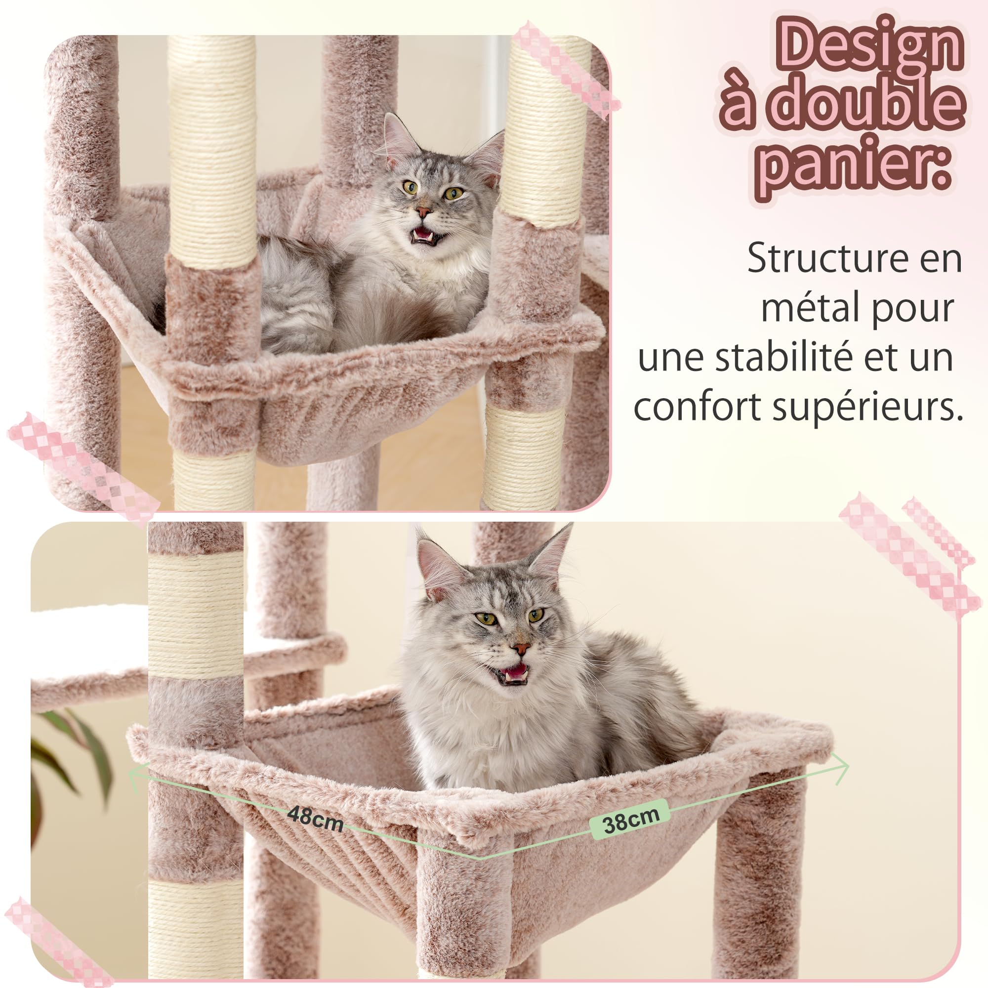 Heybly Arbre À Chat, 180cm De Haut avec Base Stable, Plateforme XL, Grande Maison pour Chat, 2 Hamacs, Meubles pour Chats À Plusieurs Niveaux pour Les Chats du Maine, Marron Beige HCT037MU