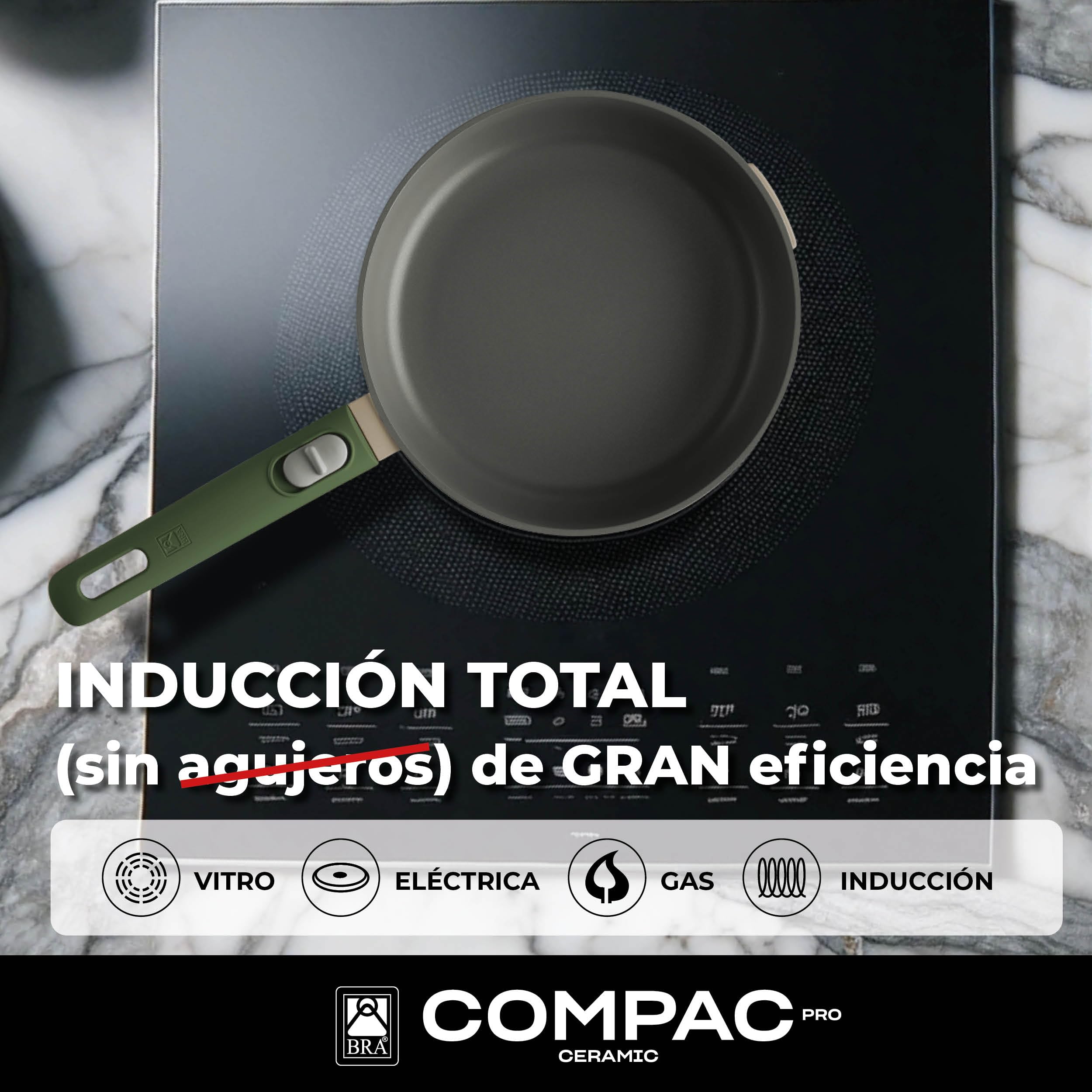 BRA Compac Pro Ceramic | Batería de cocina apilable de 5 piezas, aluminio fundido con antiadherente cerámico, compatible con todo tipo de cocinas, incluida inducción