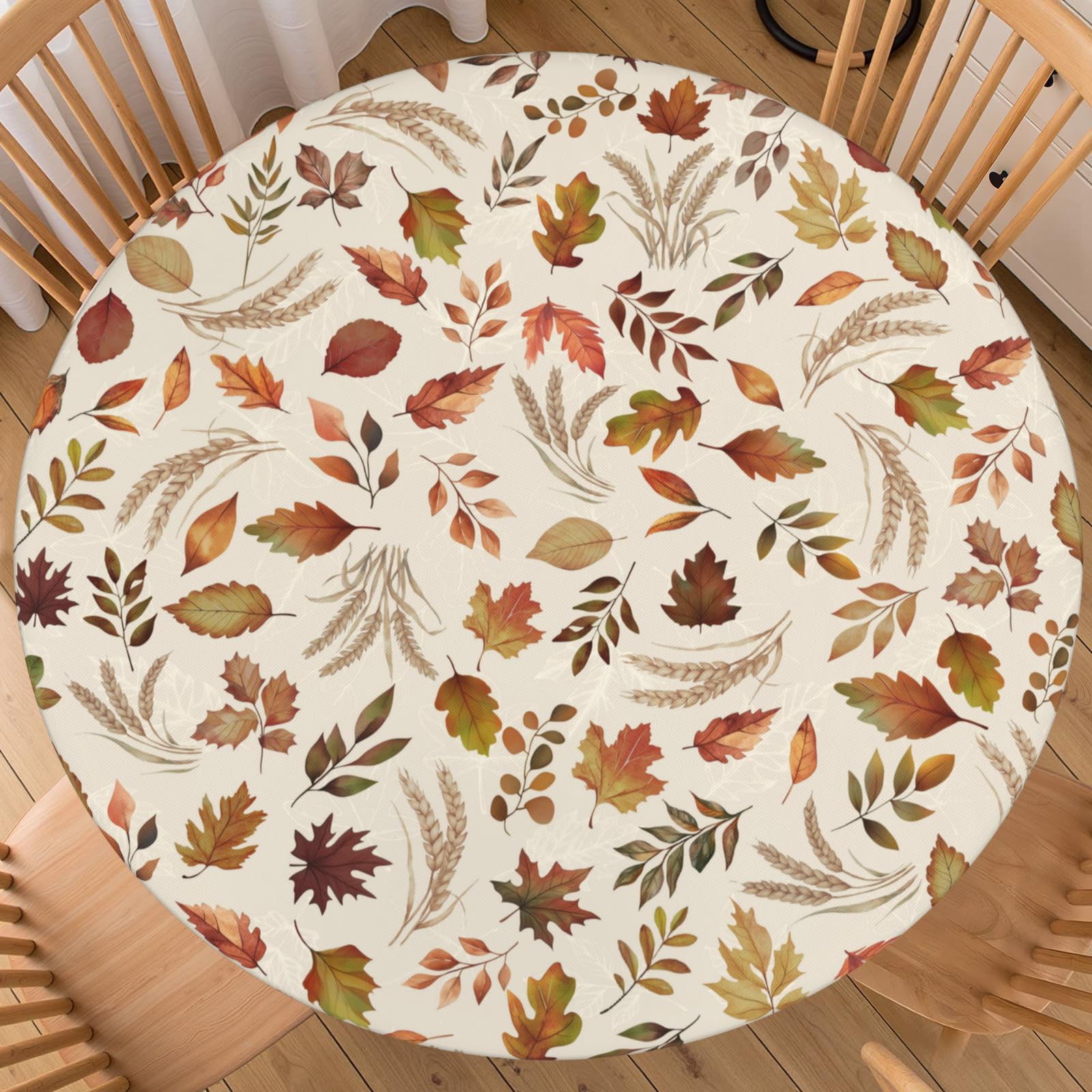 FJQWKLF Autumn Leaves Round Fitted Tablecloth with Elastic Edge Fall Thanksgiving Harvest Maple Leaf Table Cover for 56"-60" Rustic Farmhouse Stretch Table Cloth for Dining Room Party Picnic
