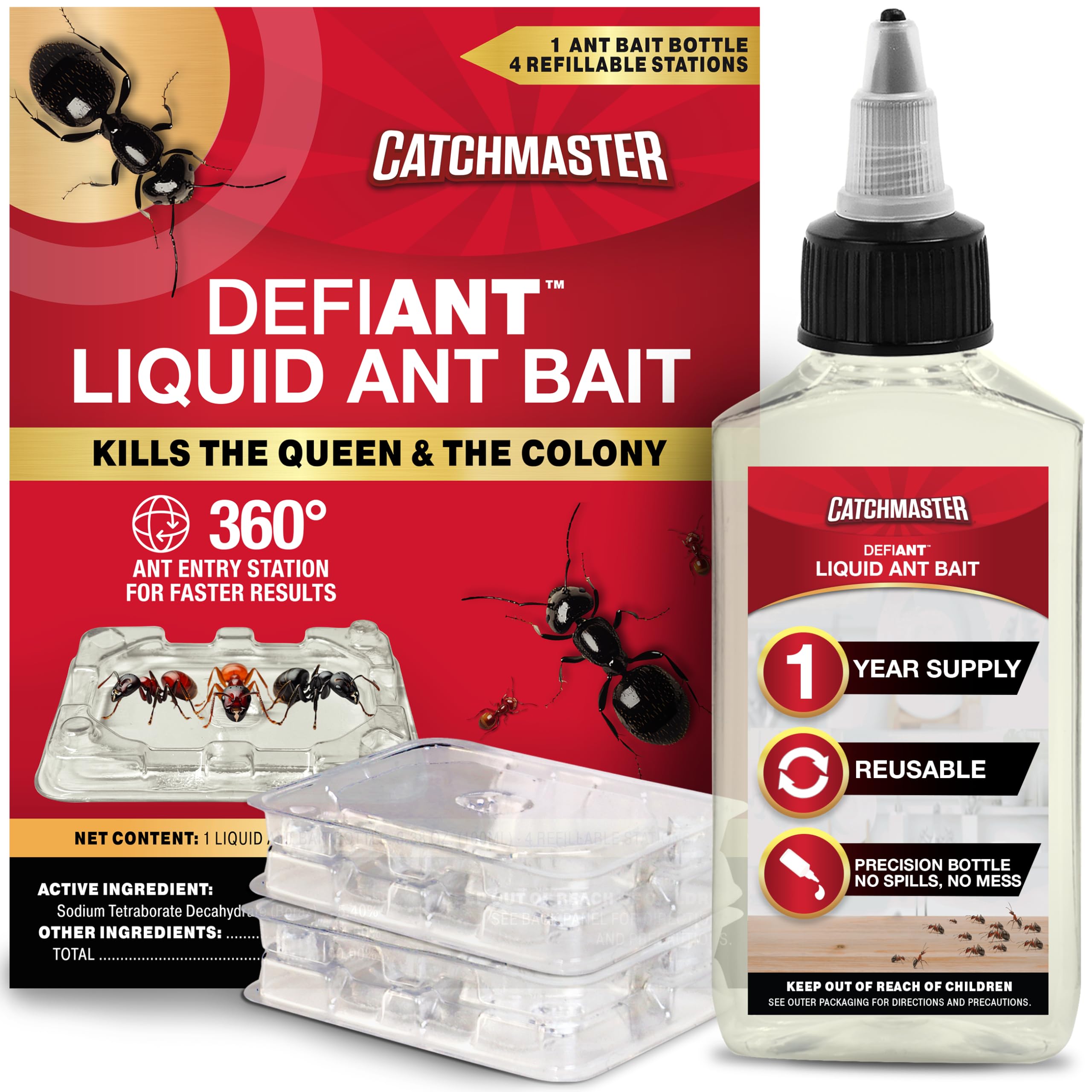 DEFIANT Premium Liquid Ant Killer, 1-Year Supply, Kills the Queen and Colony, No Mess Precision Bottle, Reusable Ant Traps Indoor & Outdoor, Pest Control Traps, Made in USA