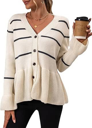 Aueoeo Women's Casual Striped Cardigan Sweaters Long Sleeve Crew Neck Lady Jacket Button -Down Open Front Coat Green S, Size: Small
