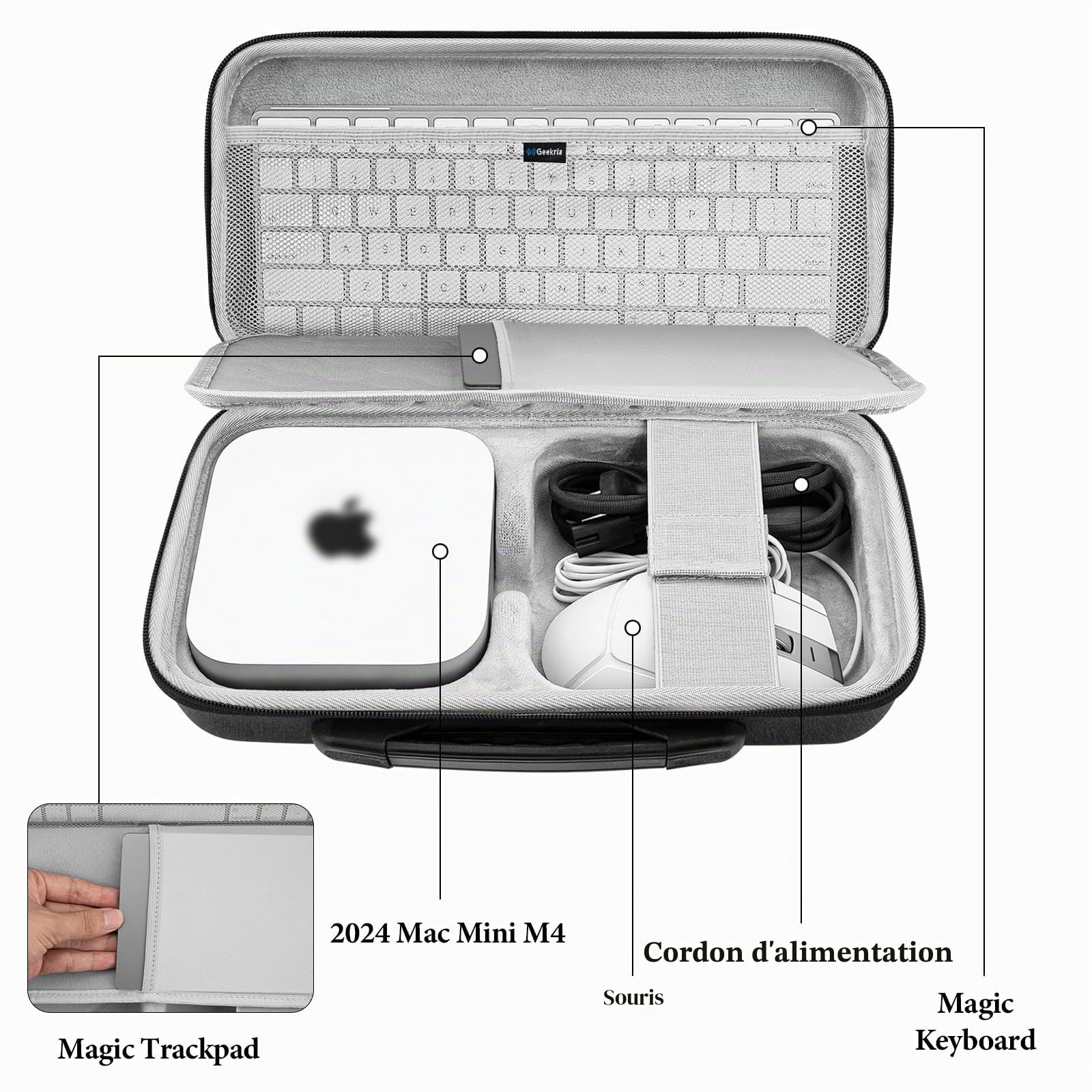 GEEKRIA Housse Rigide de Voyage pour Ordinateur de Bureau, Compatible avec Apple 2026 Mac Mini M5 / 2024 Mac Mini M4 / M4 Pro, Compatible Magic Mouse, Trackpad et Accessoires (Gris foncé)