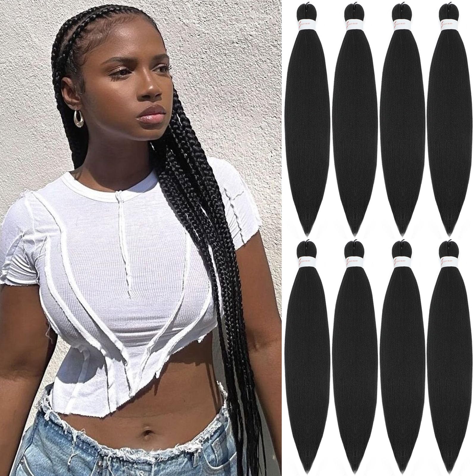 Pofworld Braiding Hair 24 Inch 8 Pack Pre Stretched Braiding Hair Natural Black Professional Synthetic Prestretched Crochet Braids Hair Extension Itch