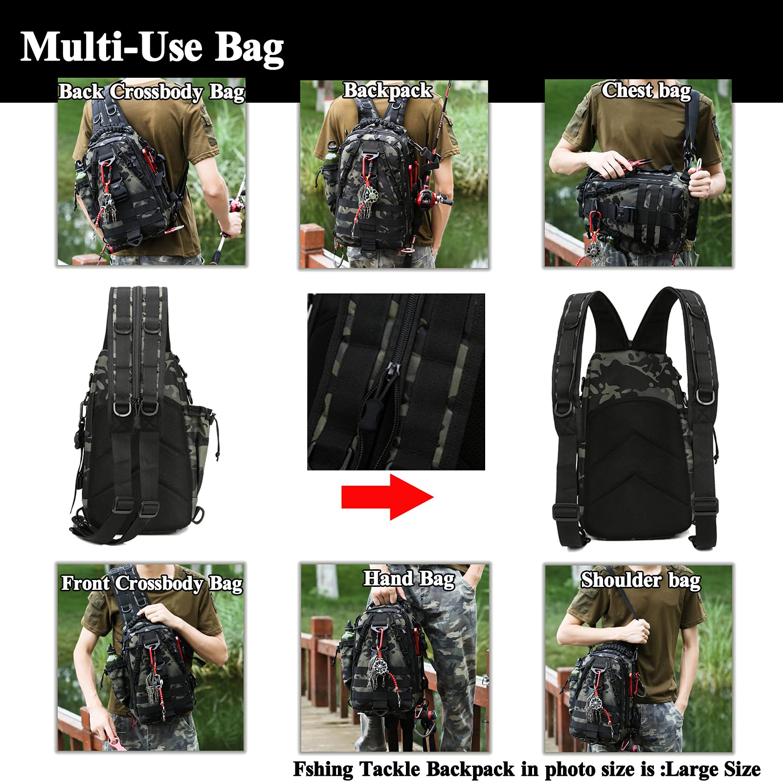 Mochila de almacenamiento para aparejos de pesca – Bolsas de pesca resistentes al agua al aire libre mochilas con correa de caña de pescar (grande (16.3412.95.71 cm) – camuflaje negro