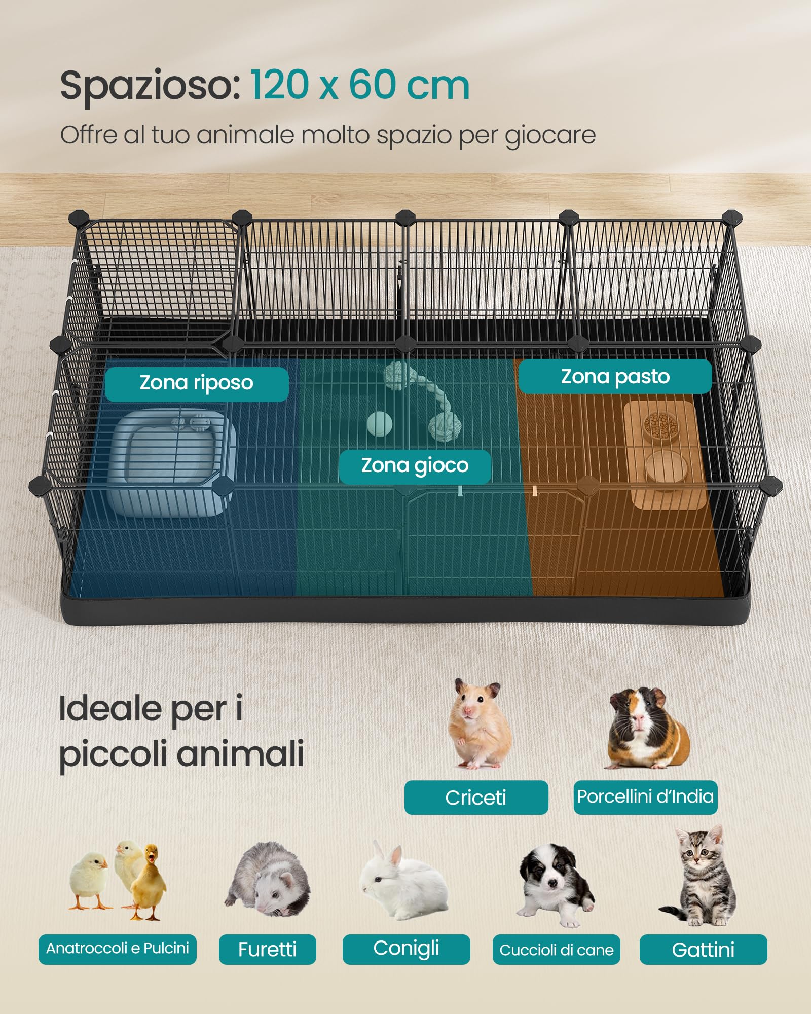 SONGMICS Recinto per Piccoli Animali, Parco Recinzione, Tappetino Impermeabile, Doppia Porta, per Conigli, Porcellini d’India, 20 Pannelli, 123 x 63 x 41,5 cm, Nero Inchiostro LPI012BH01