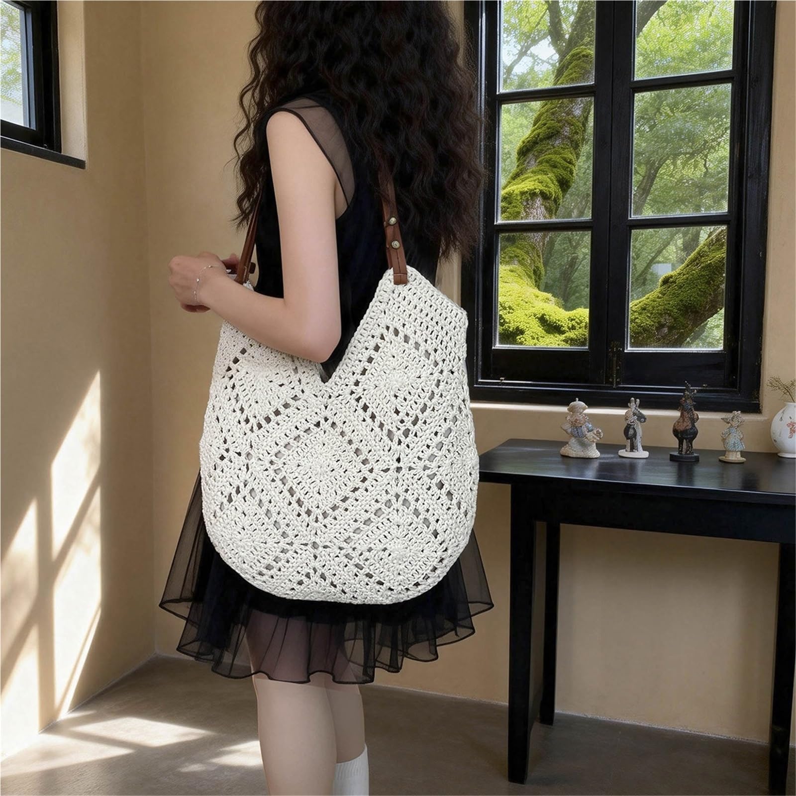 borsa donna estiva Borsa tote intrecciata a mano di grande capacità, borsa a spalla singola da donna, stile semplice, in cotone