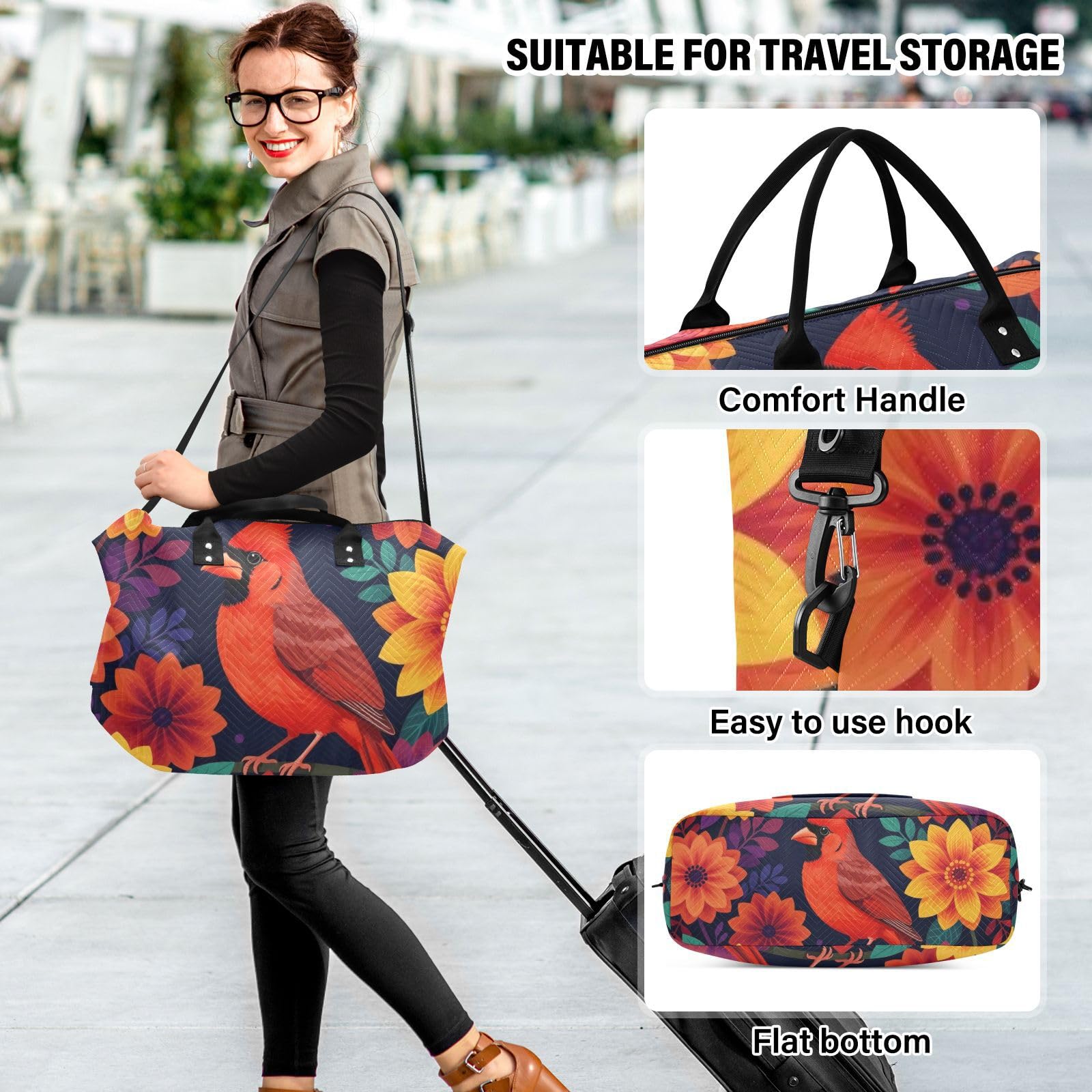 Reisetaschen-Set, zweiteilig, gesteppt, mehrere Taschen, stilvoll, kurze Reise, Floral Redbird, One Size, Klassisch