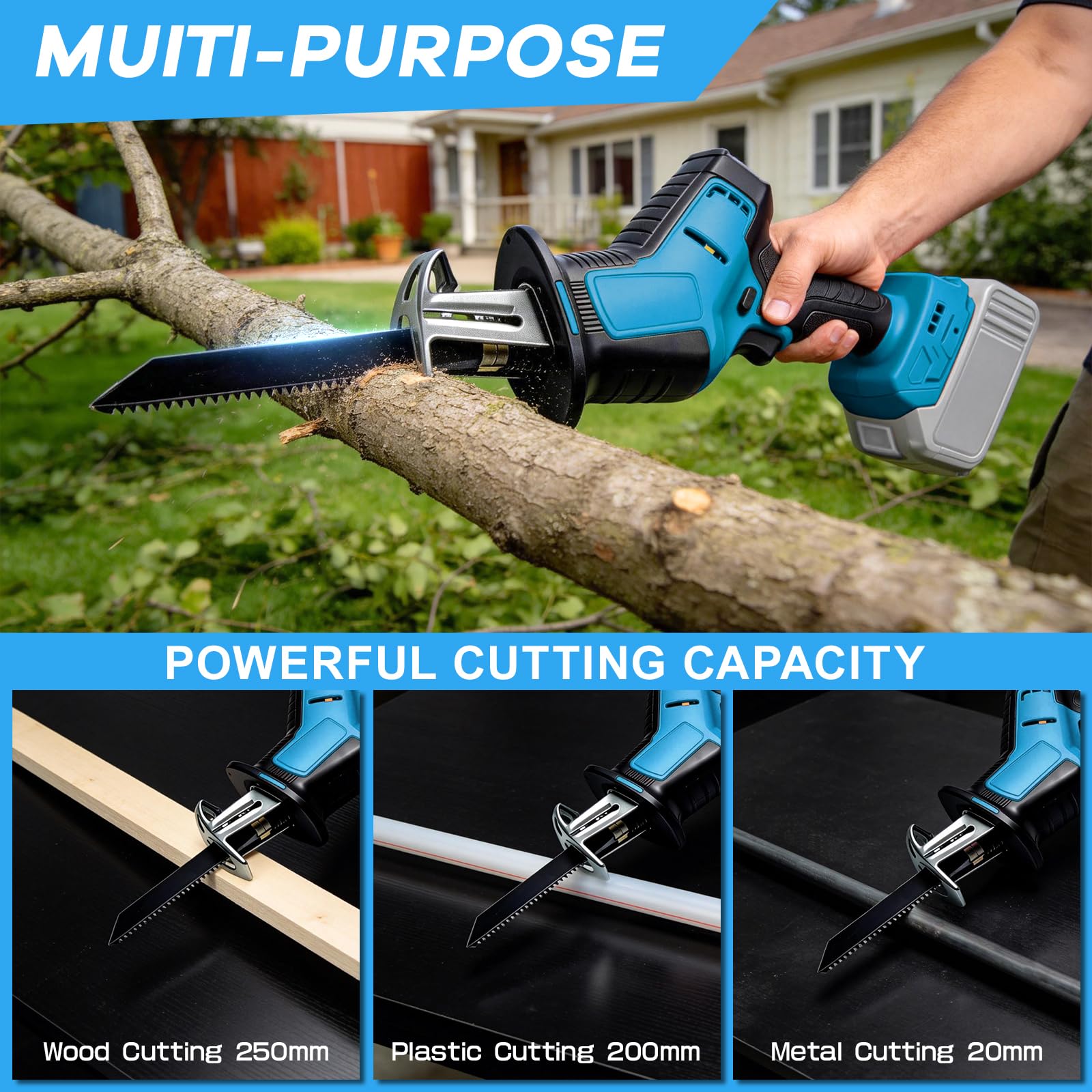 Sierra de sable con batería, compatible con batería Makita de 18 V (sin batería), 4000 SPM sin escobillas con 4 hojas de sierra y maletín de plástico, para cortar madera y PVC