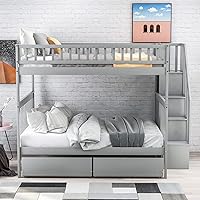 Vista 116 de Harper & Bright Designs Litera de tamaño matrimonial sobre matrimonial con 3 cajones, litera de madera maciza con almacenamiento y riel