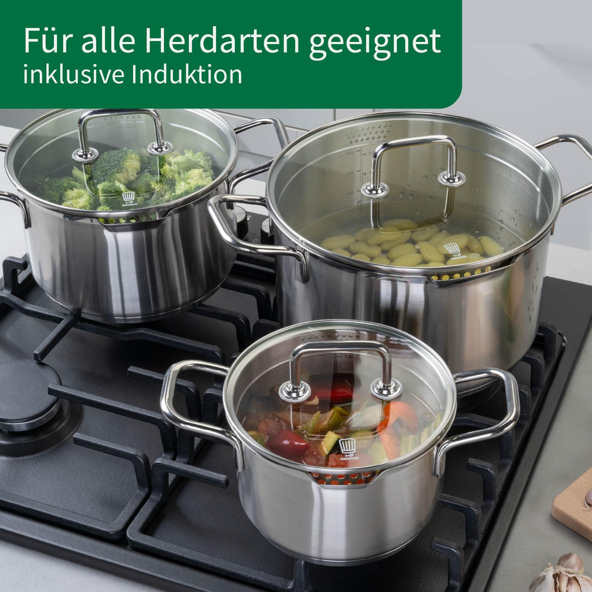 Chefkoch trifft Fackelmann Kochtopf-Set mit Glasdeckel Ø16, 20, 24cm – Aus Premium Edelstahl mit Aluminium-Kern, für alle Herdarten inkl. Induktion