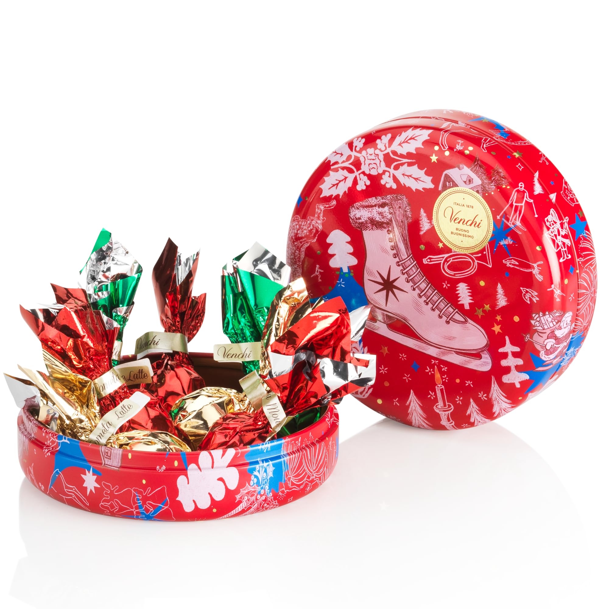 VenchiChristmas Collection - Round Gift Tin with Assorted Comet Chocolates, 86 g - Gift Idea - Gluten Free