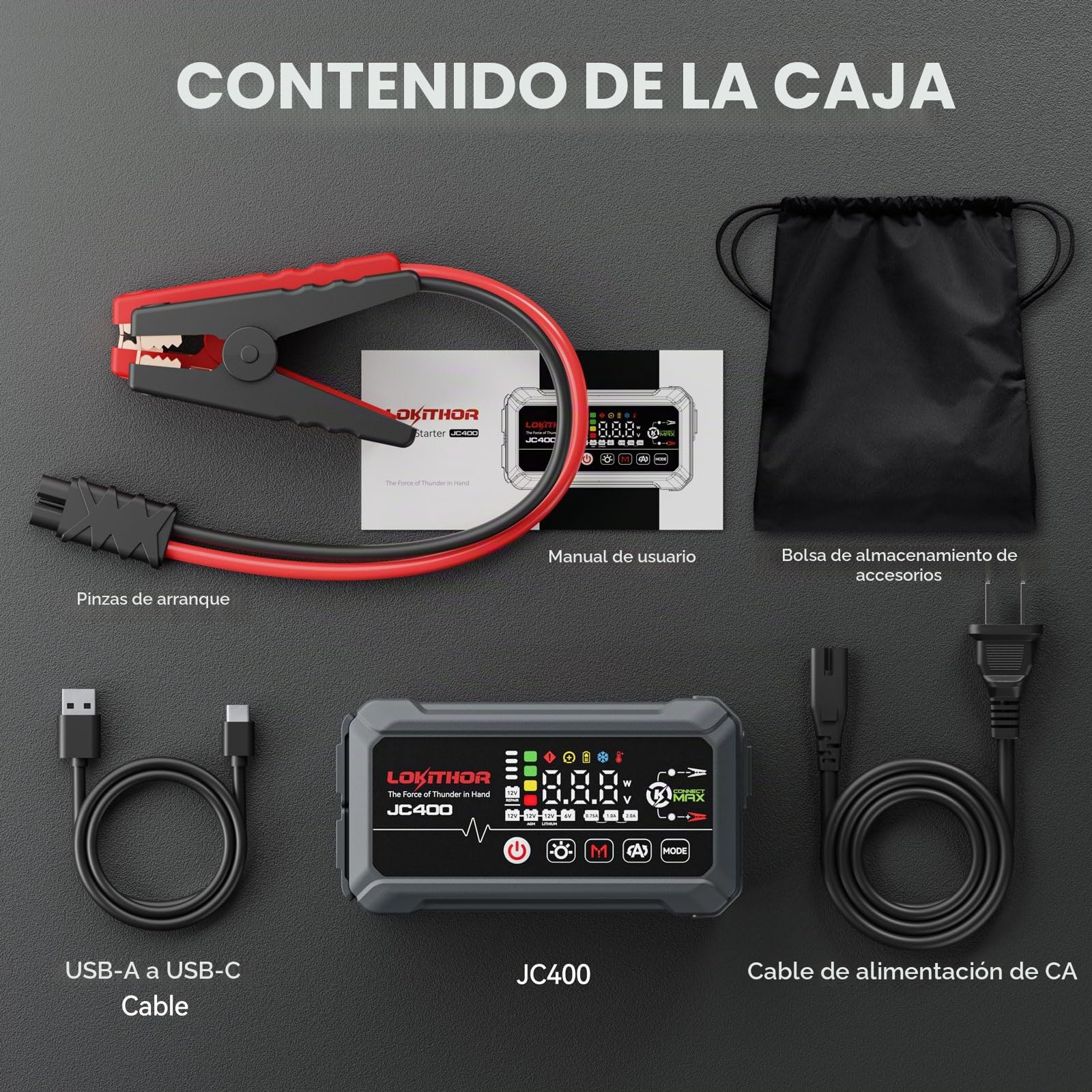 LOKITHOR JC400 Cargador de Baterias 6V/12V Coche y Moto, Arrancador de Baterías de Coches y Moto Portatil, Mantenedor Inteligente y Desulfatador, Booster Jump Starter Portátil para Autos y Vehículos