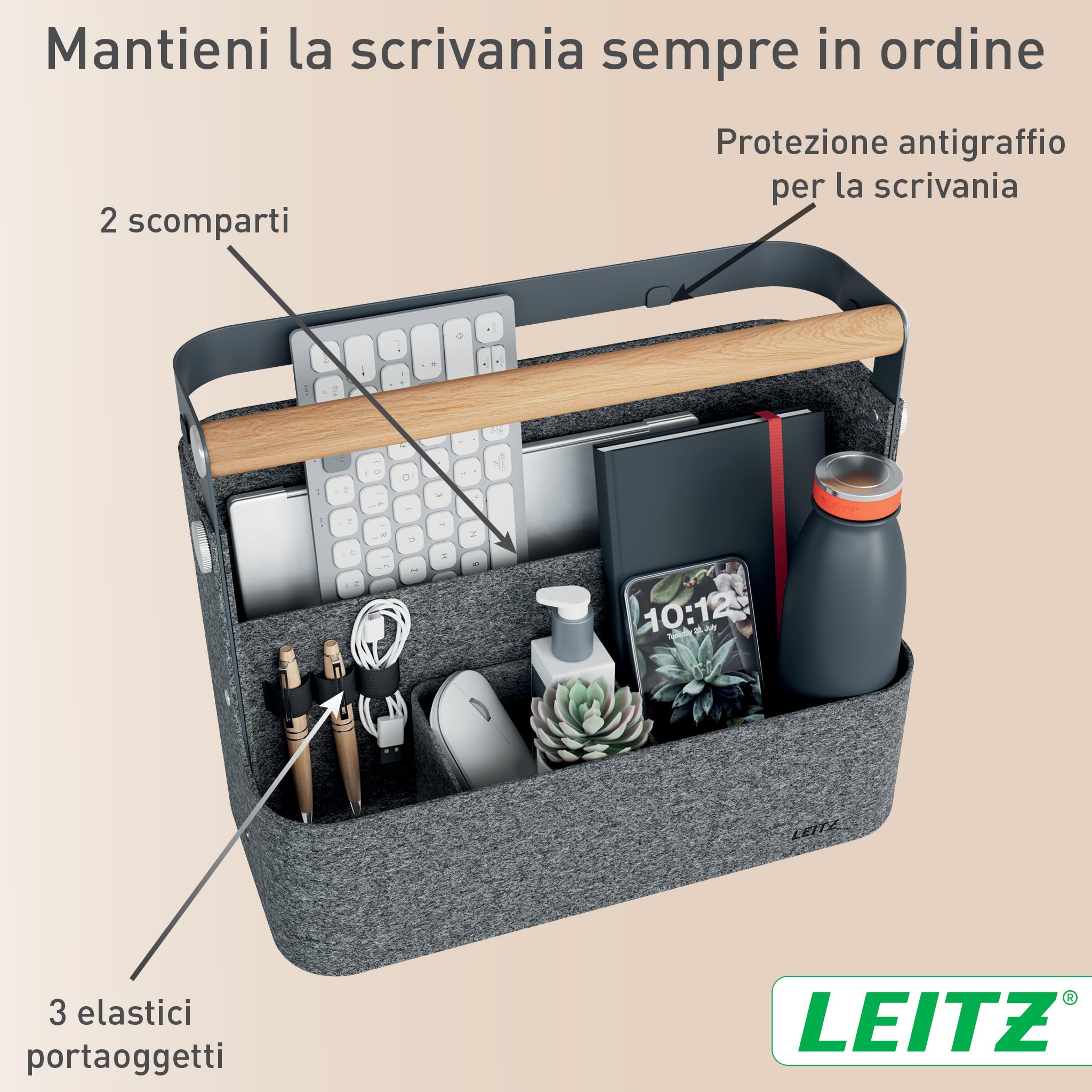 Leitz Organizer da Scrivania Portatile con Manico - Organizer per Hot Desk con Funzione Appendibile, Manico in Legno, Vassoio Interno Rimovibile e Porta Oggetti Elastici - 38 x 19 x 30-33cm