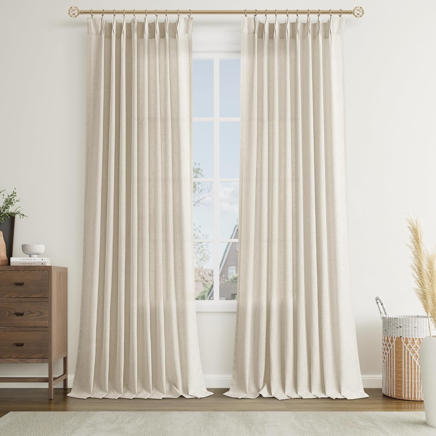Joywell Linen Pinch Pleated Curtains 102 Inches Long,Back Tab Clip Rings Window Semi Sheer Light Filtering Modern Flax Drapes with Hooks for Bedroom Living Room,W50 x L102,Linen,2 Panels Set Linen 50W x 102L inch x 2 Panels