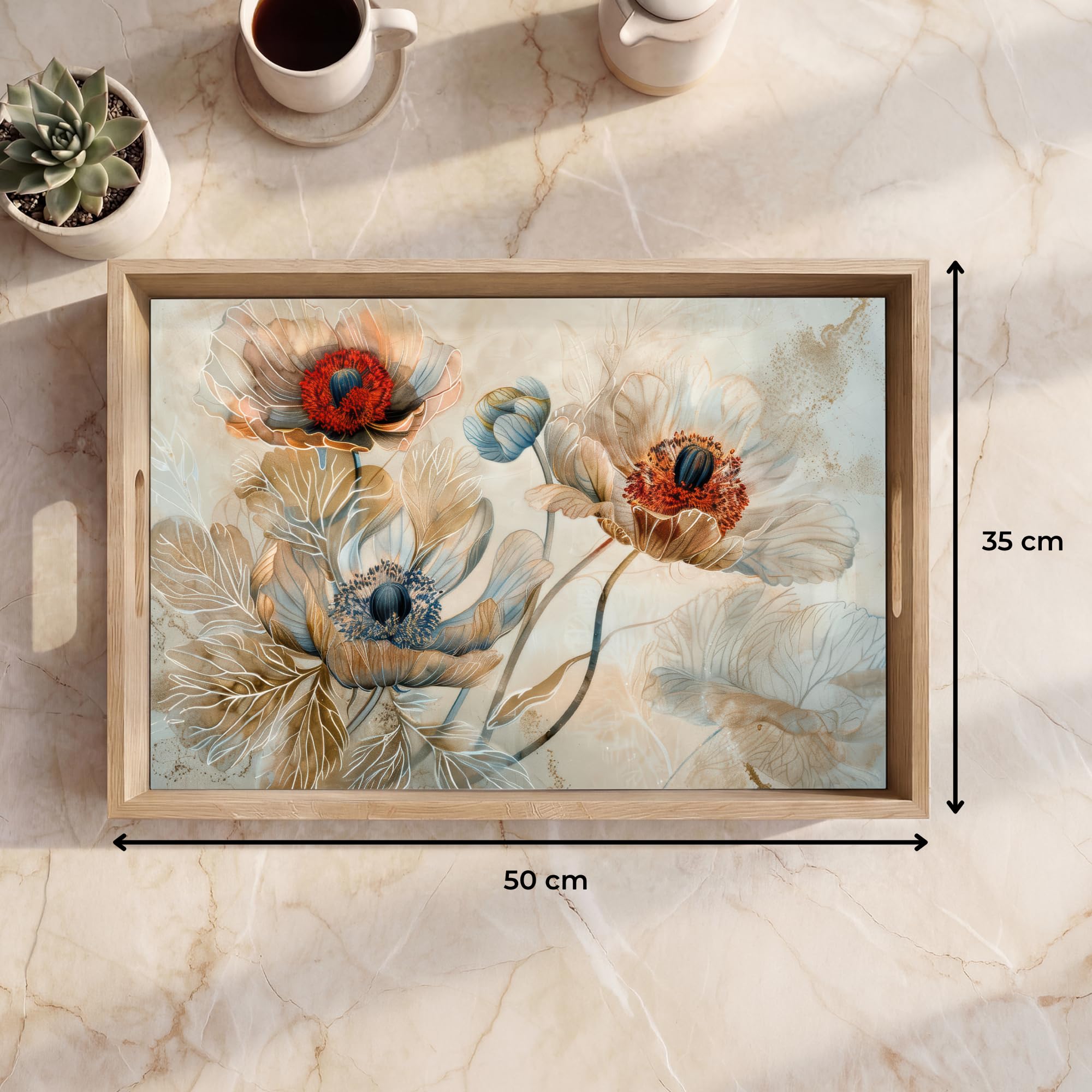 Bandeja Madera De Roble Rectangular 50x35 cm Bandejas Desayuno para Servir Comida Cocina Resistente Al Calor Cafe Tray Tabuleiro Flores - Beige - Moderno - Ilustración