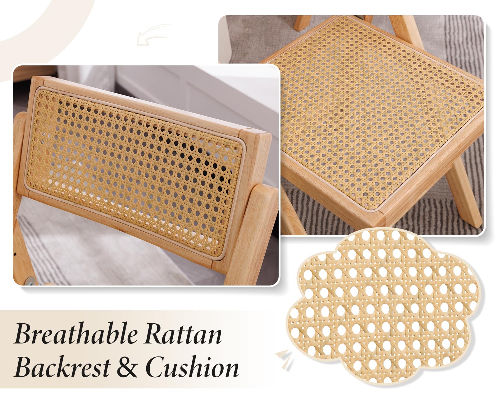 chairus Juego de 2 Sillas de Comedor de Madera Sillas de Jardín Plegables de Ratán, Sillas de Terraza sin Reposabrazos para Exterior/Cocina, Color Natural