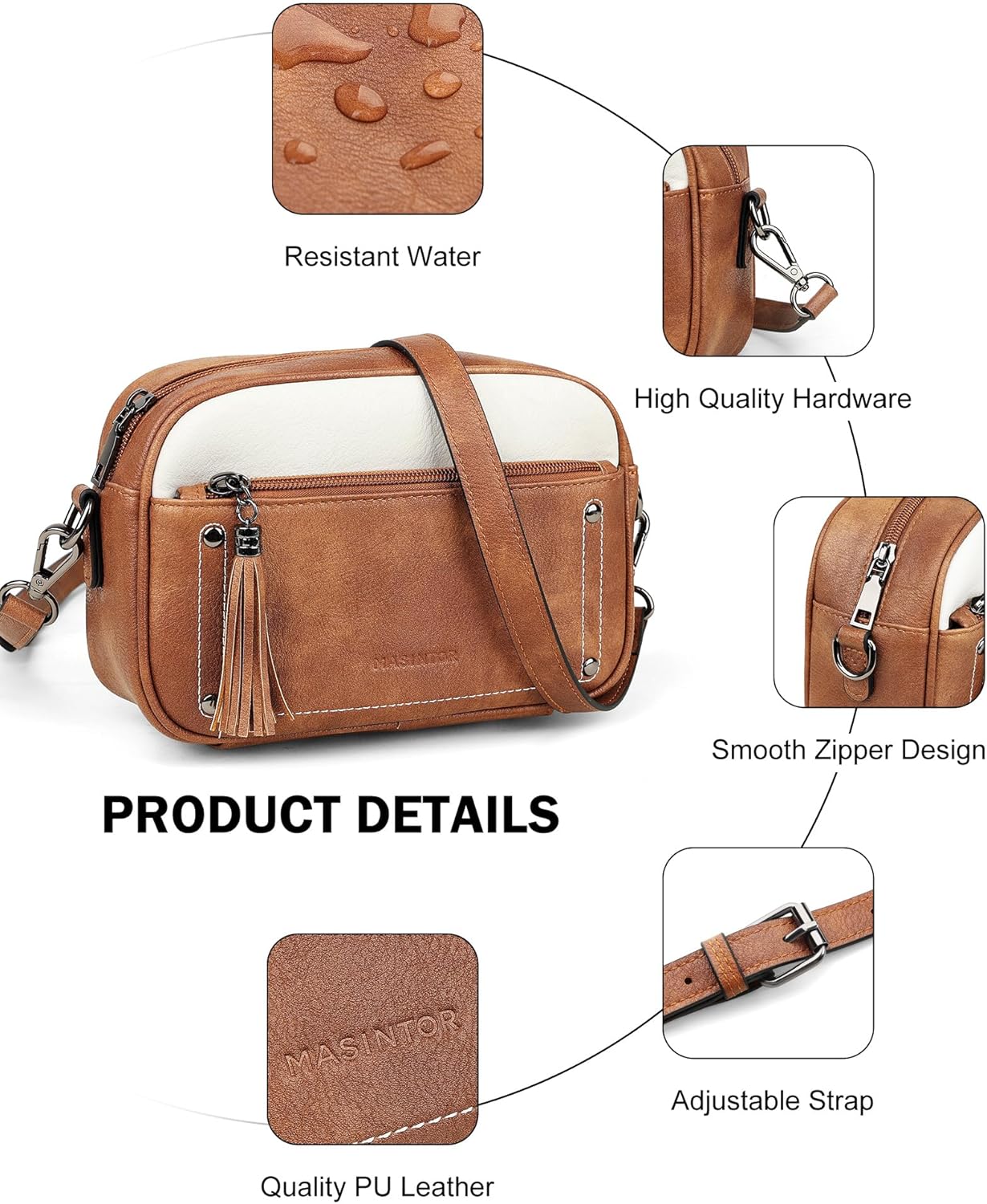 MASINTOR Crossbody Purses for Women Vegan Leather, Travel Purse Shoulder Handbag with Adjustable Strap and Tassel - Image 6