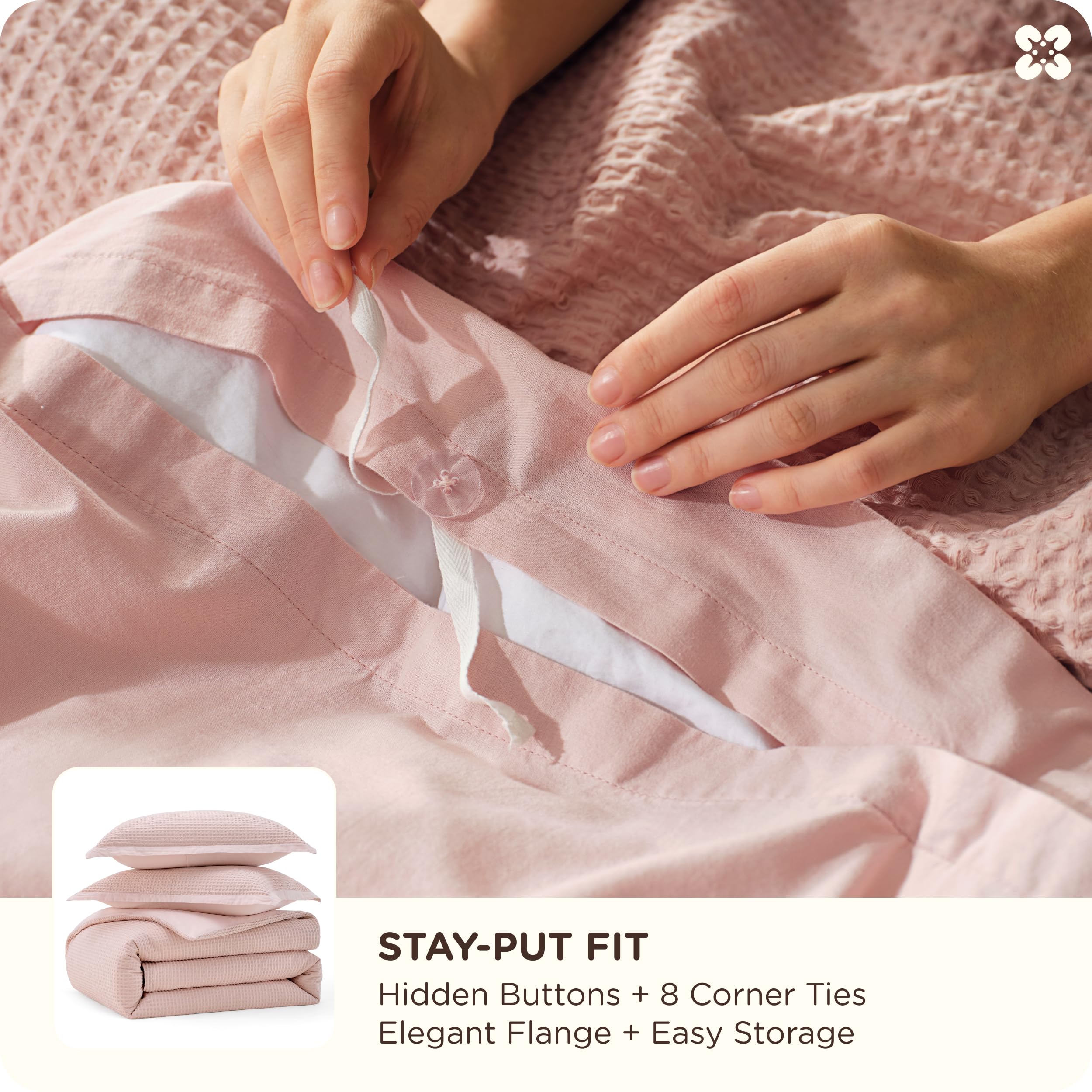 Bedsure GentleSoft™ - Funda de edredón de algodón 100 % algodón tejido gofre, color rosa, tamaño Queen, juego de ropa de cama transpirable para todas las estaciones, 3 piezas, 90 x 90 pulgadas