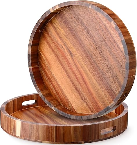 2 bandejas redondas grandes de madera de 20 pulgadas con asas, bandeja de madera de acacia resistente para mesa otomana, bandejas decorativas para